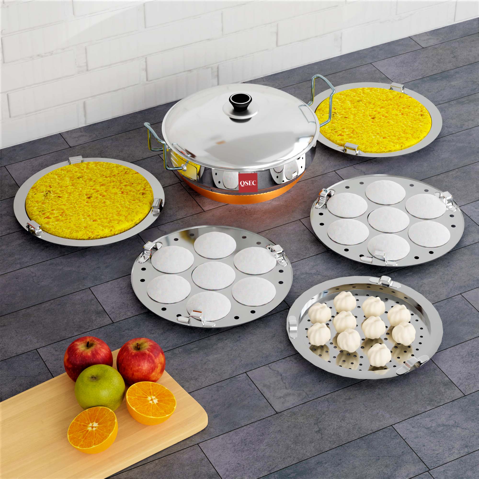 QSEC Stainless Steel Multi Kadai Idli cooker steamer with Copper Bottom All-in-One Big Size dhokla cooker | 5 Plate 2 Idli | 2 Dhokla | 1 Patra | Momo steamer | 3 in 1 | Idli maker steamer - 285MM 100% Non toxin material