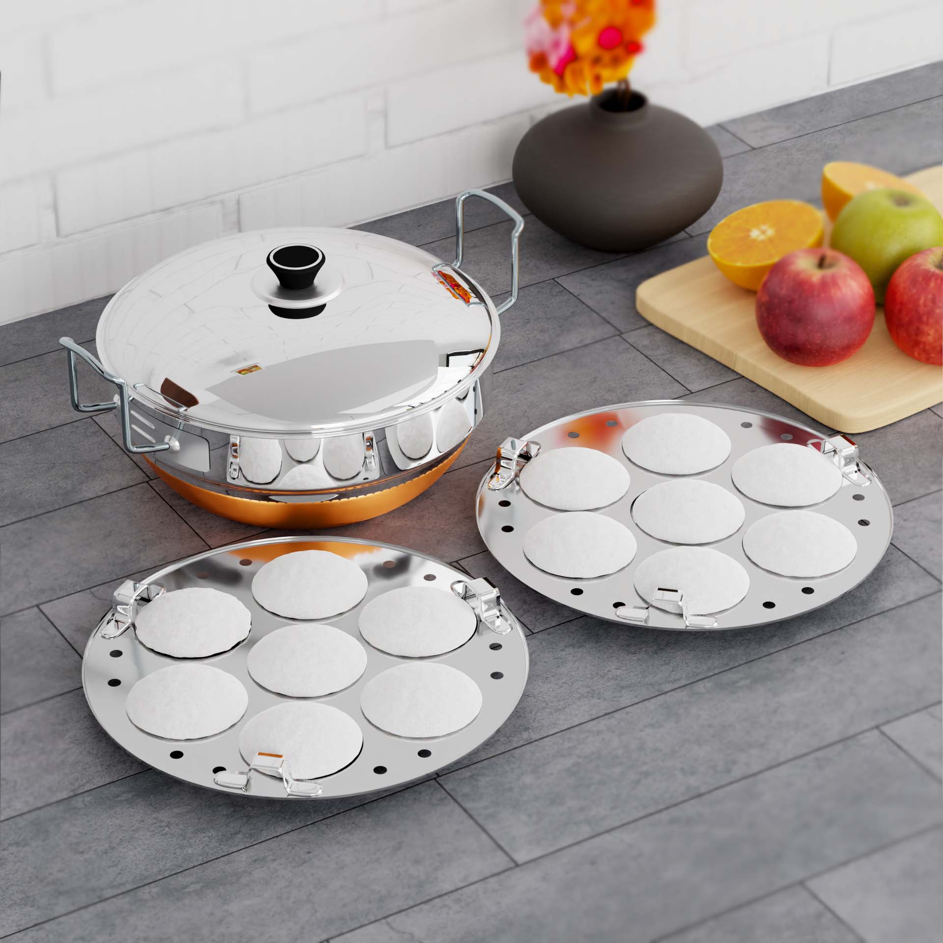 QSEC Stainless Steel Multi Kadai Idli cooker steamer with Copper Bottom All-in-One Big Size dhokla cooker | 5 Plate 2 Idli | 2 Dhokla | 1 Patra | Momo steamer | 3 in 1 | Idli maker steamer - 285MM 100% Non toxin material