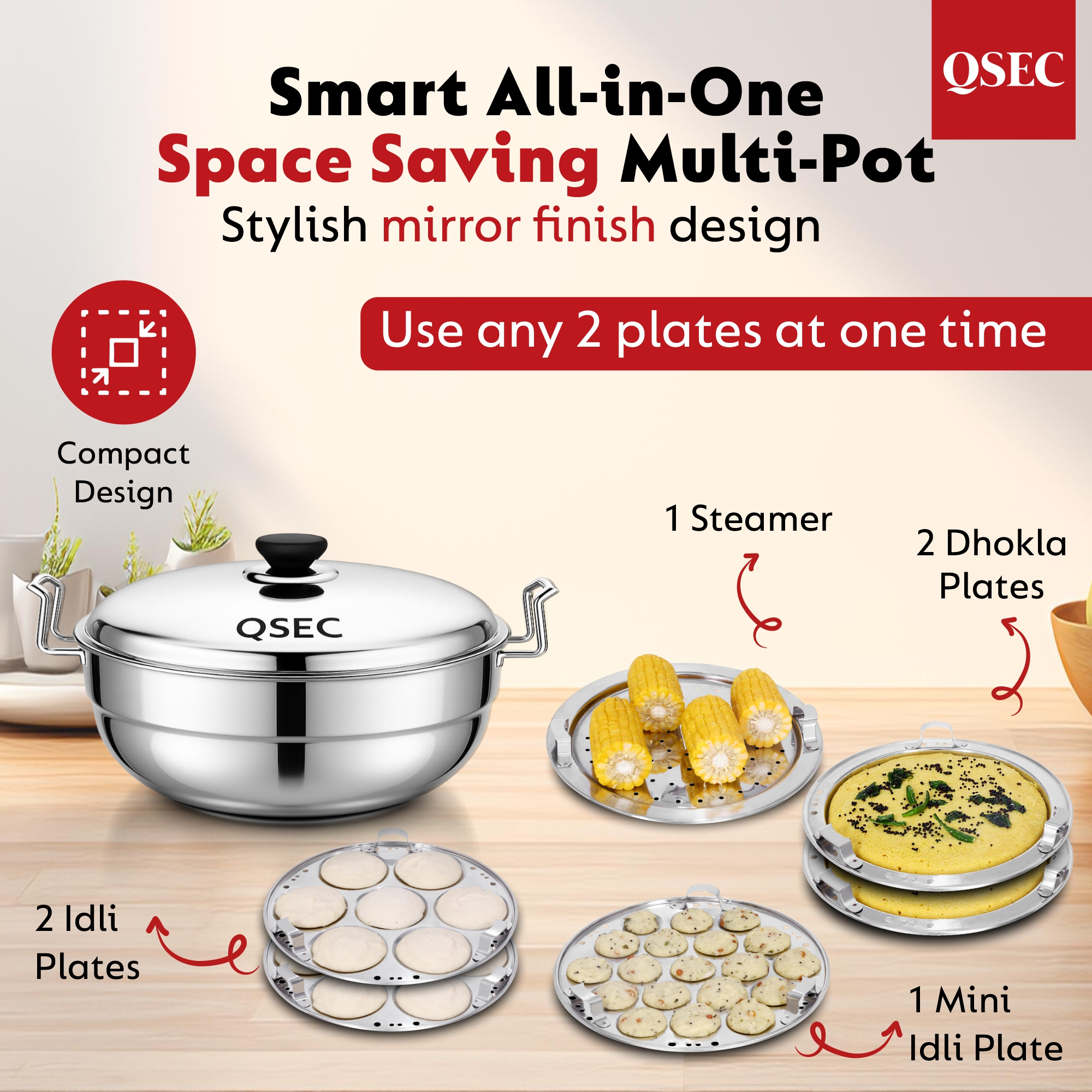 QSEC Triply bottom Idli maker Stainless Steel 4-in-1 Induction base Multi utility Kadai Idli Cooker All-in-One Big Size dhokla Cooker | 6 Plate 2 Idli | 1 mini idli 2 Dhokla 1 Patra Momo Steamer