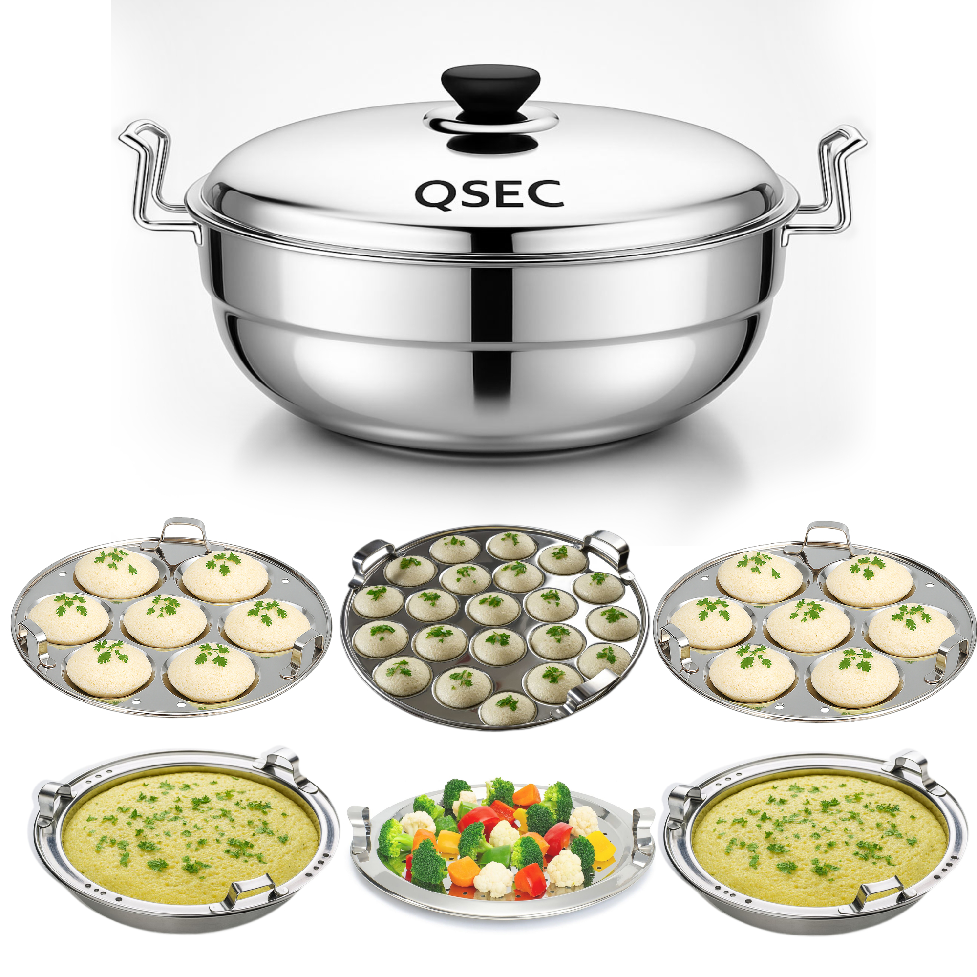QSEC Triply bottom Idli maker Stainless Steel 4-in-1 Induction base Multi utility Kadai Idli Cooker All-in-One Big Size dhokla Cooker | 6 Plate 2 Idli | 1 mini idli 2 Dhokla 1 Patra Momo Steamer
