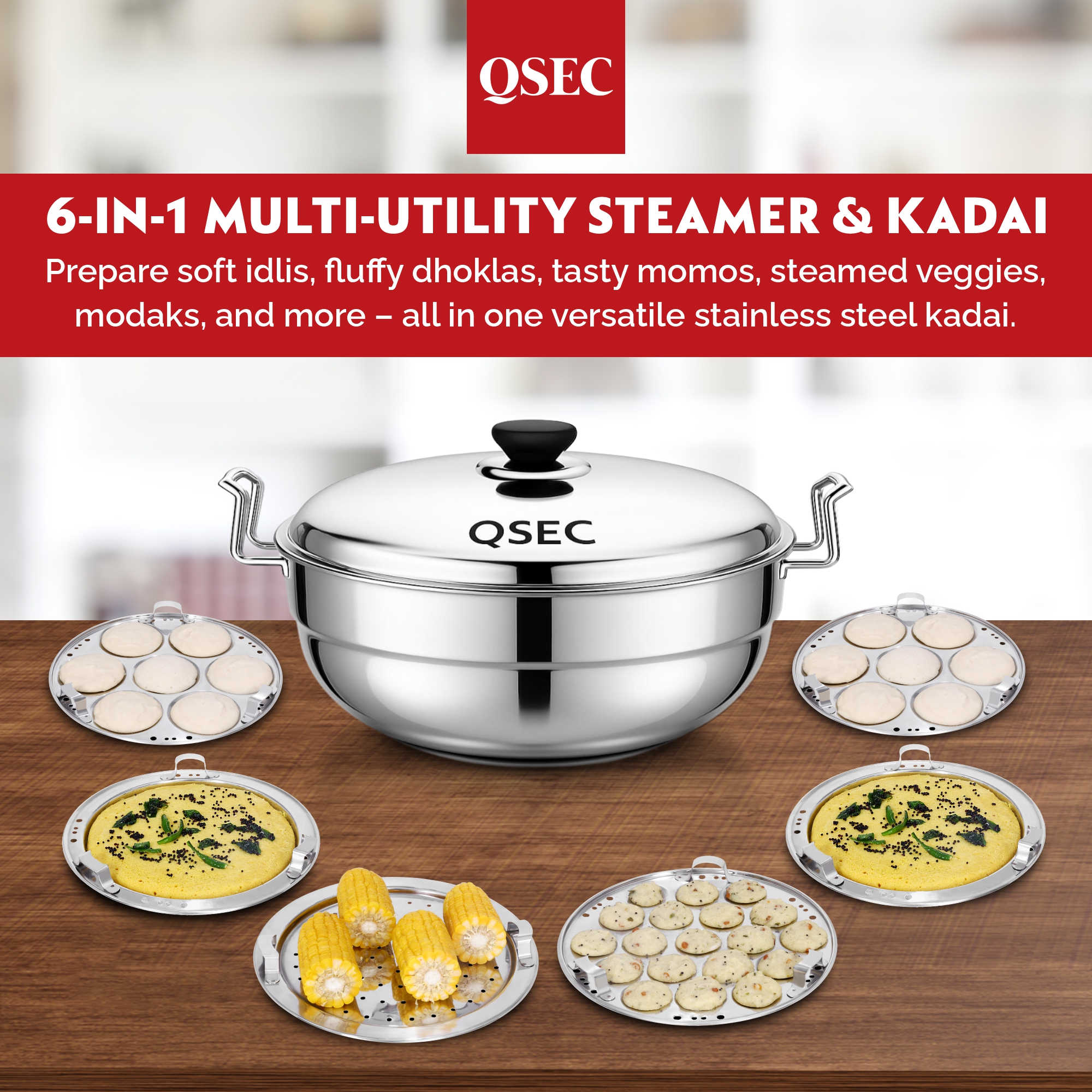 QSEC Triply bottom Idli maker Stainless Steel 4-in-1 Induction base Multi utility Kadai Idli Cooker All-in-One Big Size dhokla Cooker | 6 Plate 2 Idli | 1 mini idli 2 Dhokla 1 Patra Momo Steamer