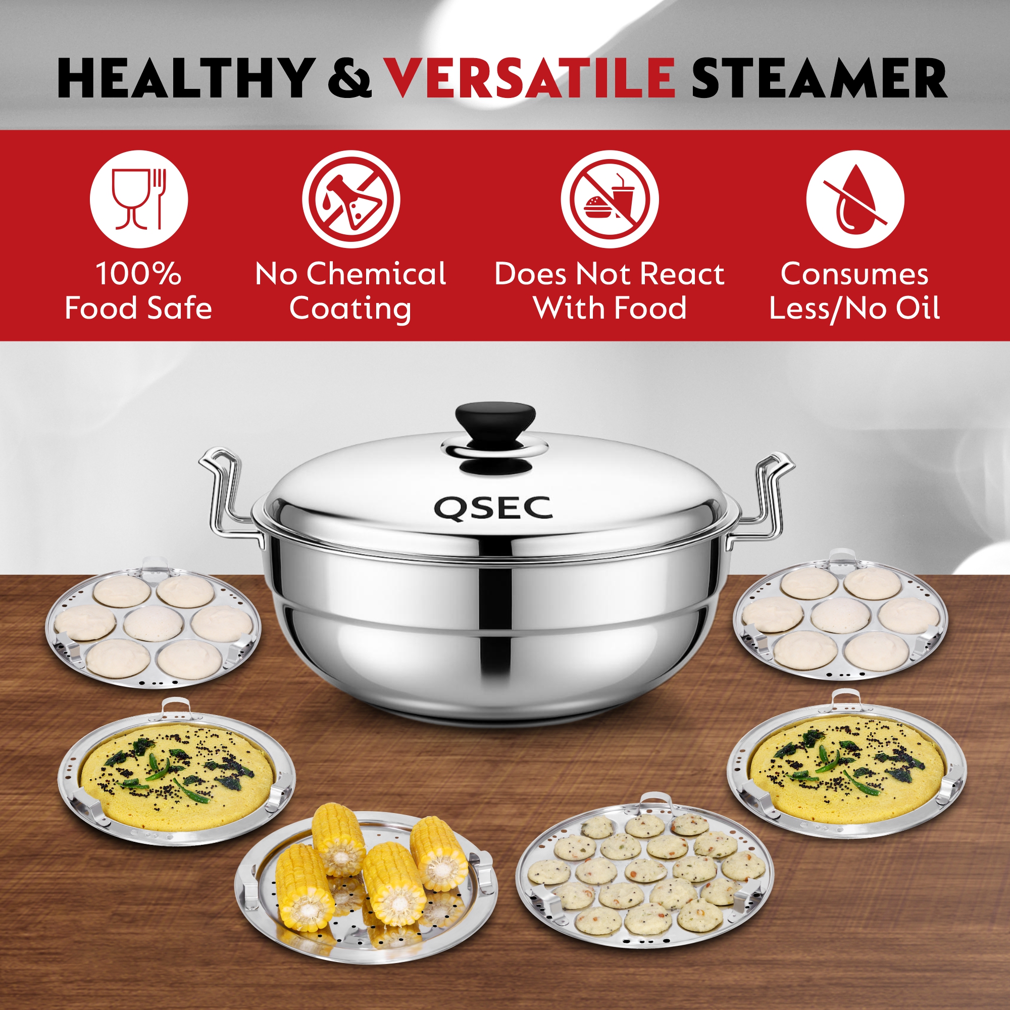 QSEC Triply bottom Idli maker Stainless Steel 4-in-1 Induction base Multi utility Kadai Idli Cooker All-in-One Big Size dhokla Cooker | 6 Plate 2 Idli | 1 mini idli 2 Dhokla 1 Patra Momo Steamer