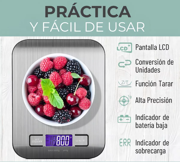 Balanza Cocina Recargable Elegante Digital Hasta 5kg Acero Inoxidable