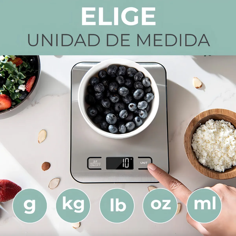 Balanza Cocina Recargable Elegante Digital Hasta 5kg Acero Inoxidable