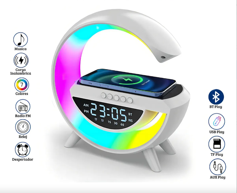 Lámpara Inteligente Cargador Inalambrico Despertador Corneta Luz RGB