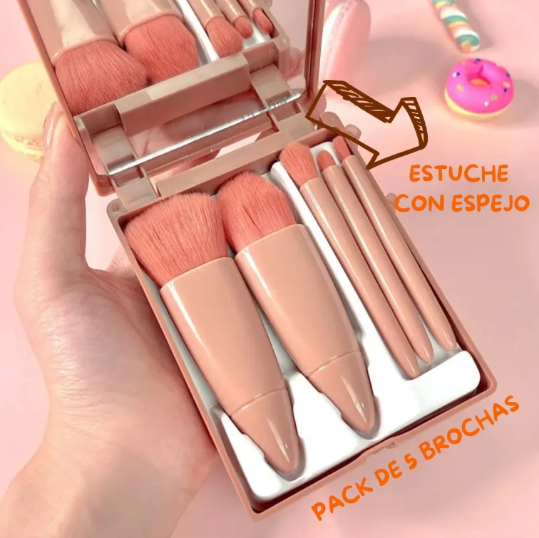 Set Kit Brocha Rubor Maquillaje con espejo 5 Brochas