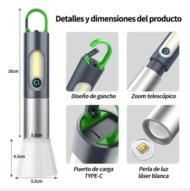 Linterna LED Recargable Alta Potencia y Modo Lampara Portable