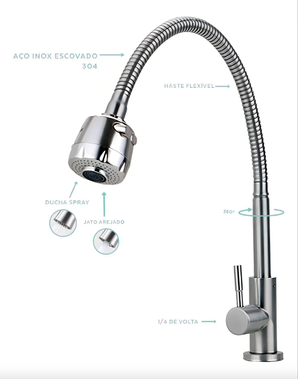 Llave Grifería Lavaplatos FLEXIBLE Elegante Giratorio de Acero Inoxidable 