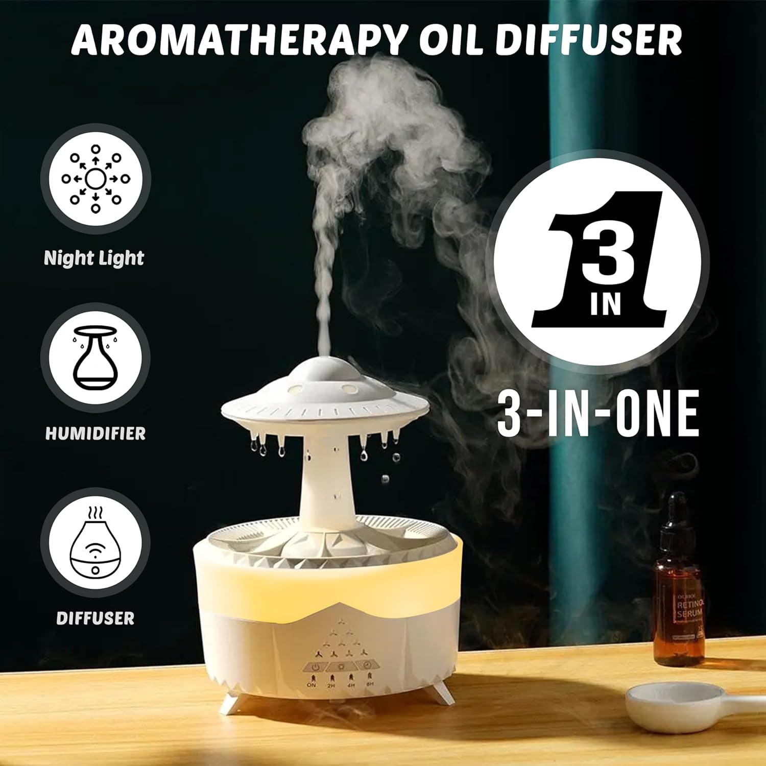 Humidificador difusor de aromaterapia de esencia y gotas de lluvia + Control Remoto y Apagado automático 