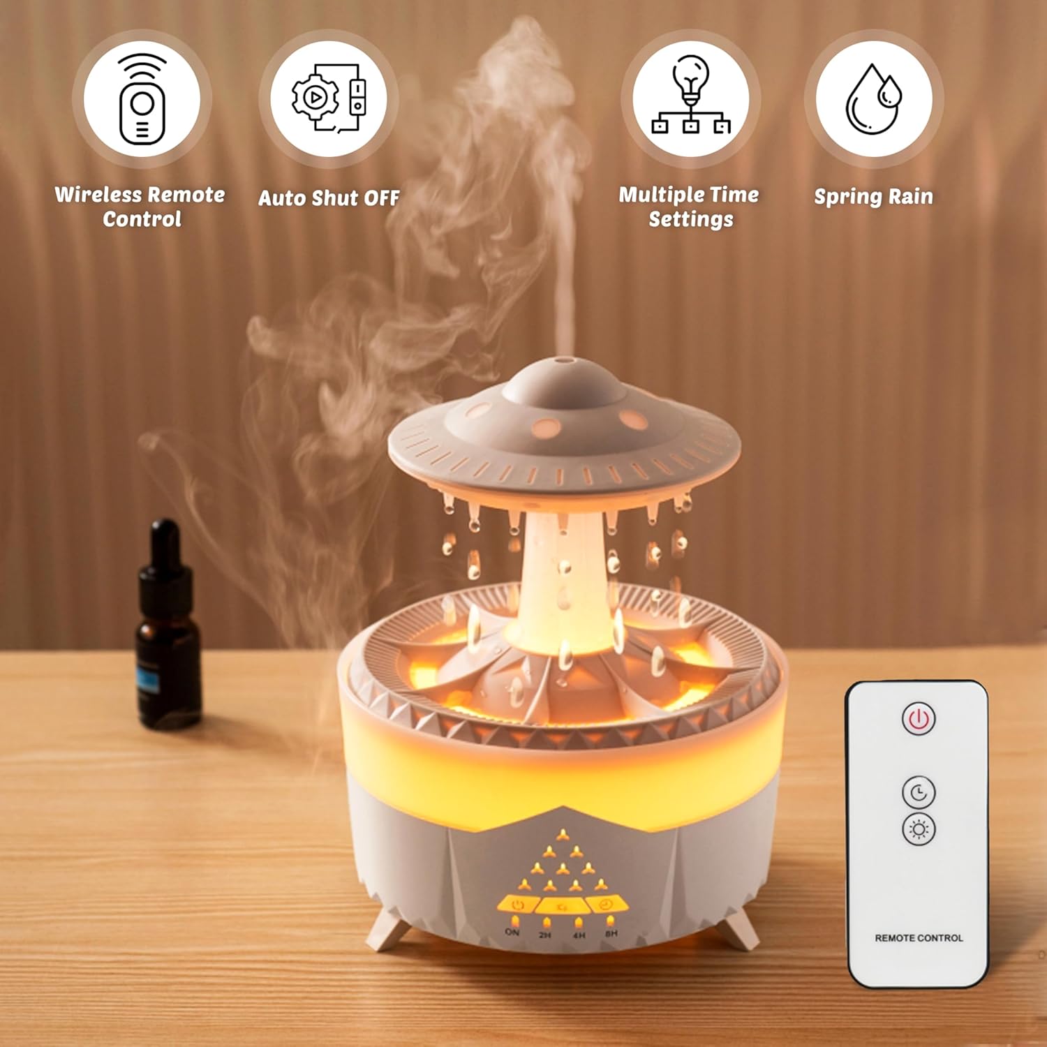 Humidificador difusor de aromaterapia de esencia y gotas de lluvia + Control Remoto y Apagado automático 