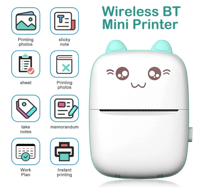 Impresora Mini Portatil Termica Bluetooth Diseño Gato Niños