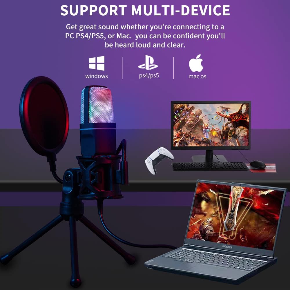 Microfono condensador con tripode USB Rgb Con Filtro