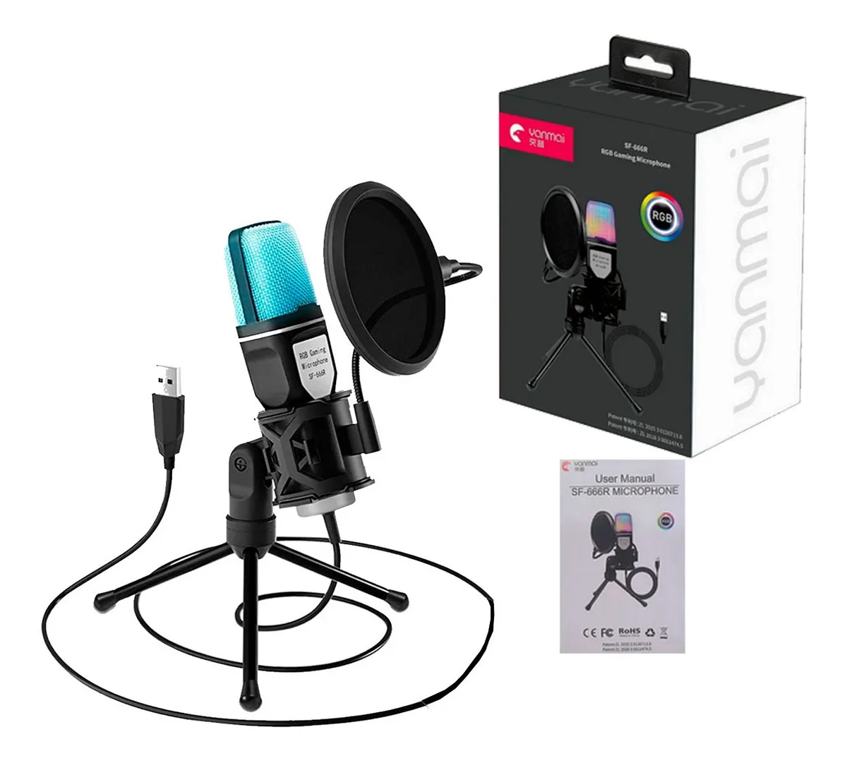 Microfono condensador con tripode USB Rgb Con Filtro