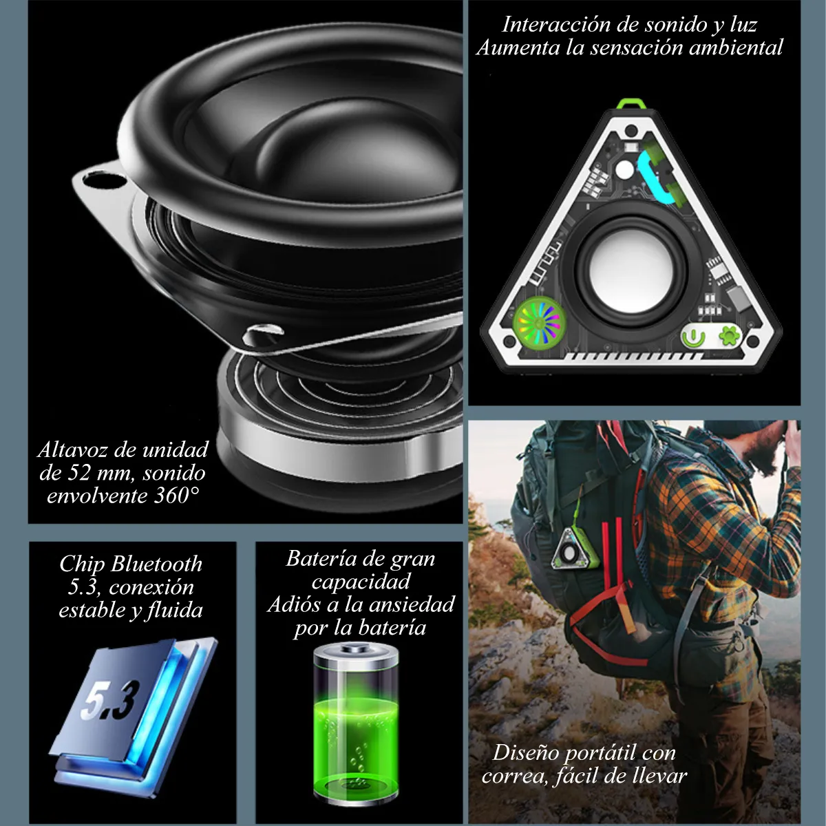 Corneta Bocina Bluetooth Inalambrica portatil Recargable Trasnparente RGB Modelo Triangulo