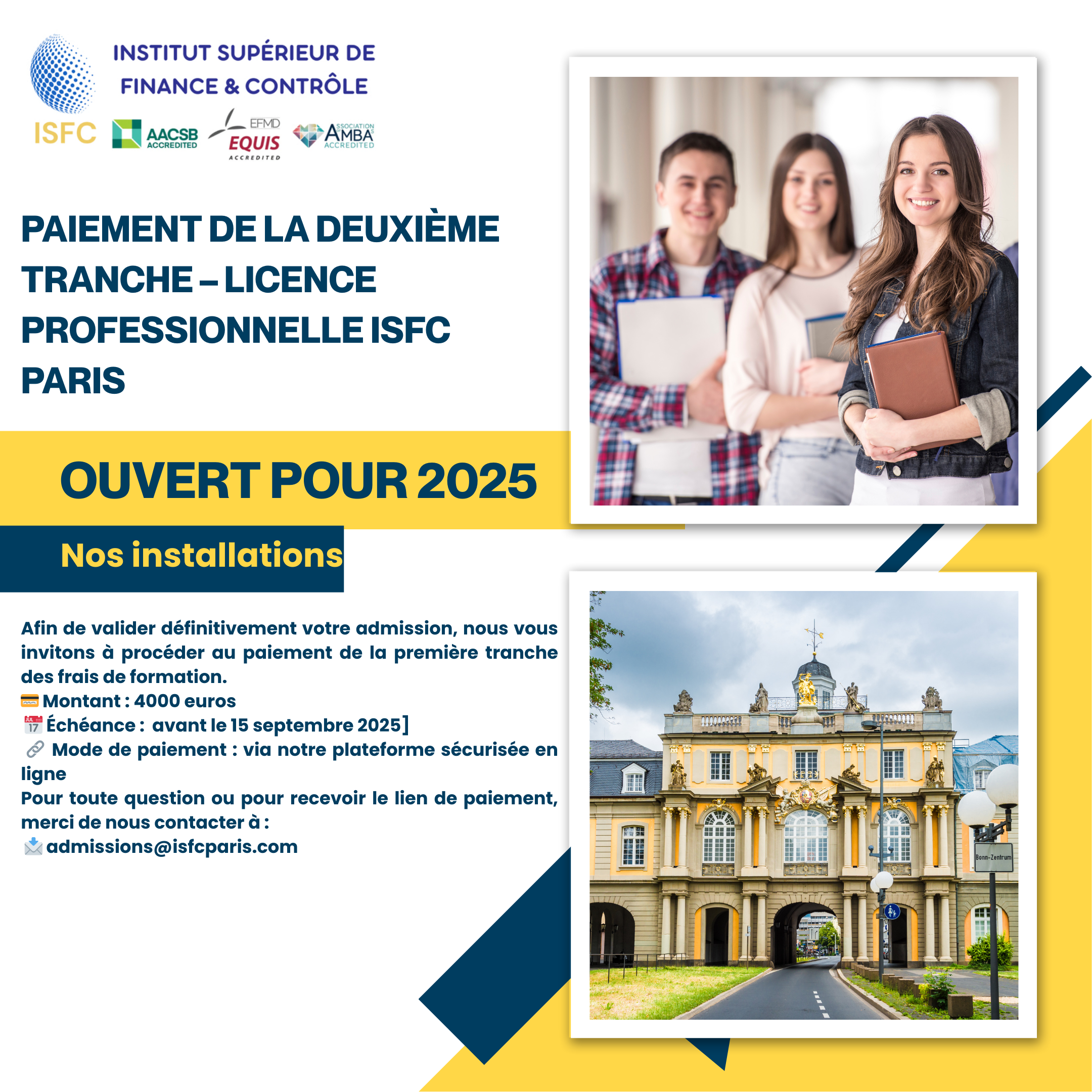Paiement de la deuxième tranche– Licence Professionnelle ISFC Paris