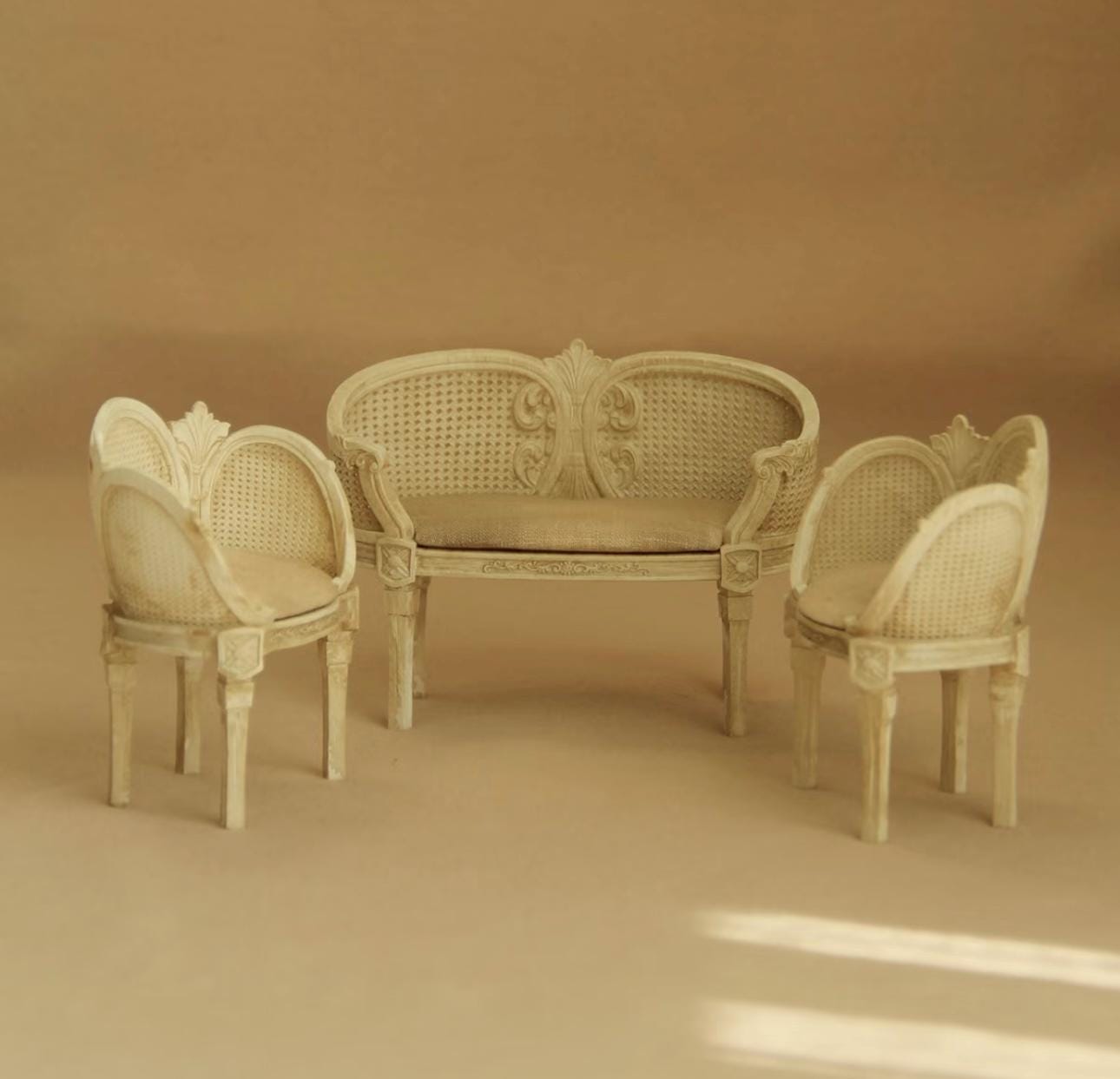 Miniature French Rattan Sofa and Chairs Set | 1:12 Scale Dollhouse Furniture for Blythe, OB11, BJD | Vintage Cane Back Miniature Armchairs