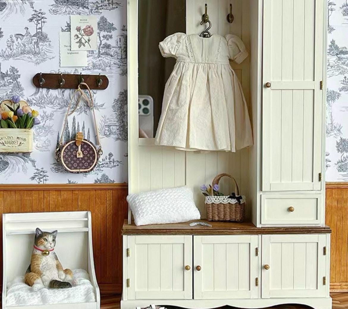 1:6 Scale Vintage Entryway Shoe Cabinet with Mirror & Hooks - Miniature Dollhouse Furniture