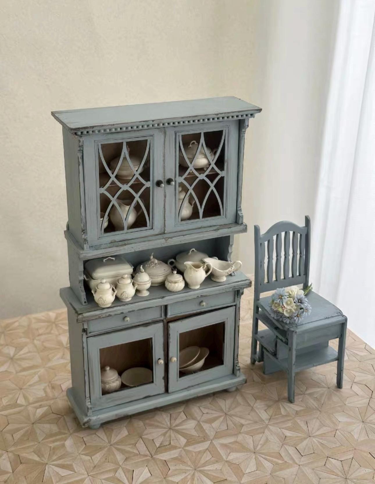 Miniature French Hutch Cabinet with Dish Set | 1:6 Dollhouse Furniture in Distressed Blue | Shabby Chic Kitchen Display for Blythe BJD