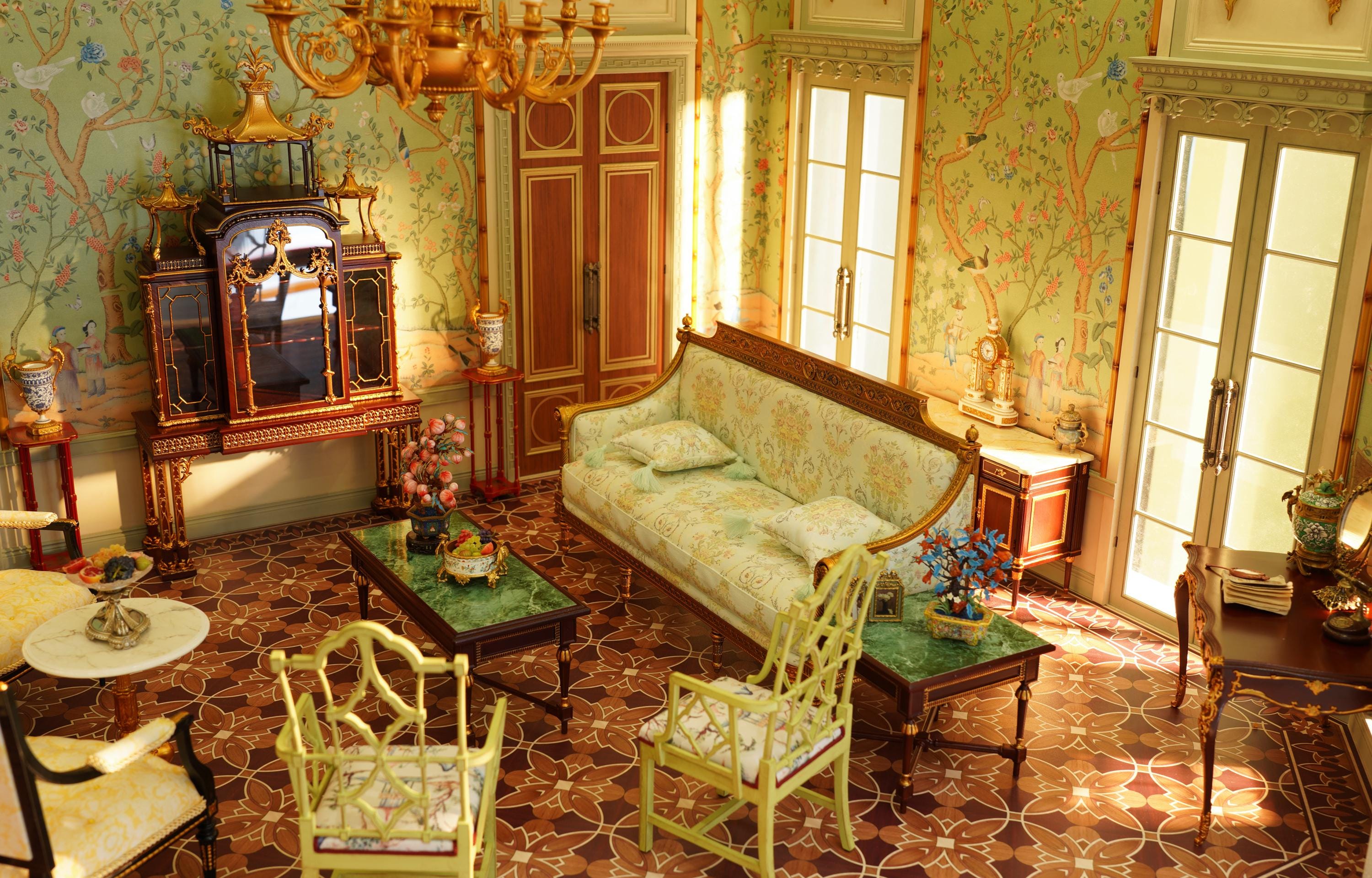 Luxury Chinoiserie Dollhouse Room Box – 1:12 Scale Miniature Parlor Diorama with Furniture, Décor & Lighting – Collector Display