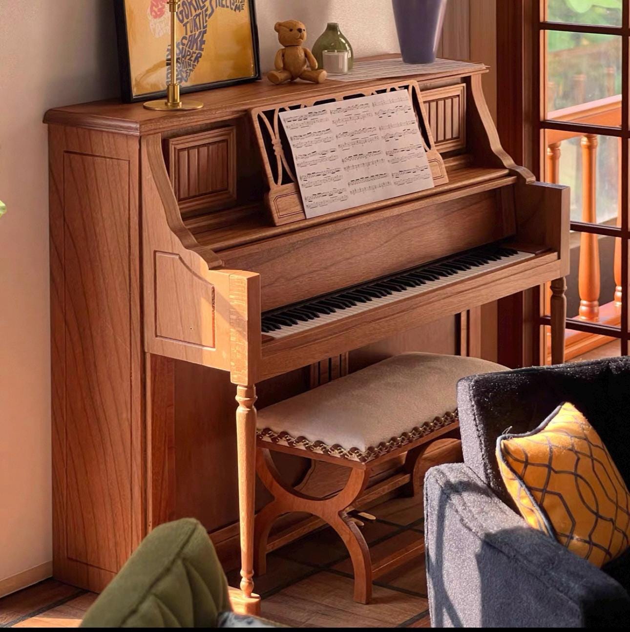 Miniature Upright Piano with Bench | 1:6 Scale Wooden Dollhouse Instrument | Handcrafted Music Room Decor