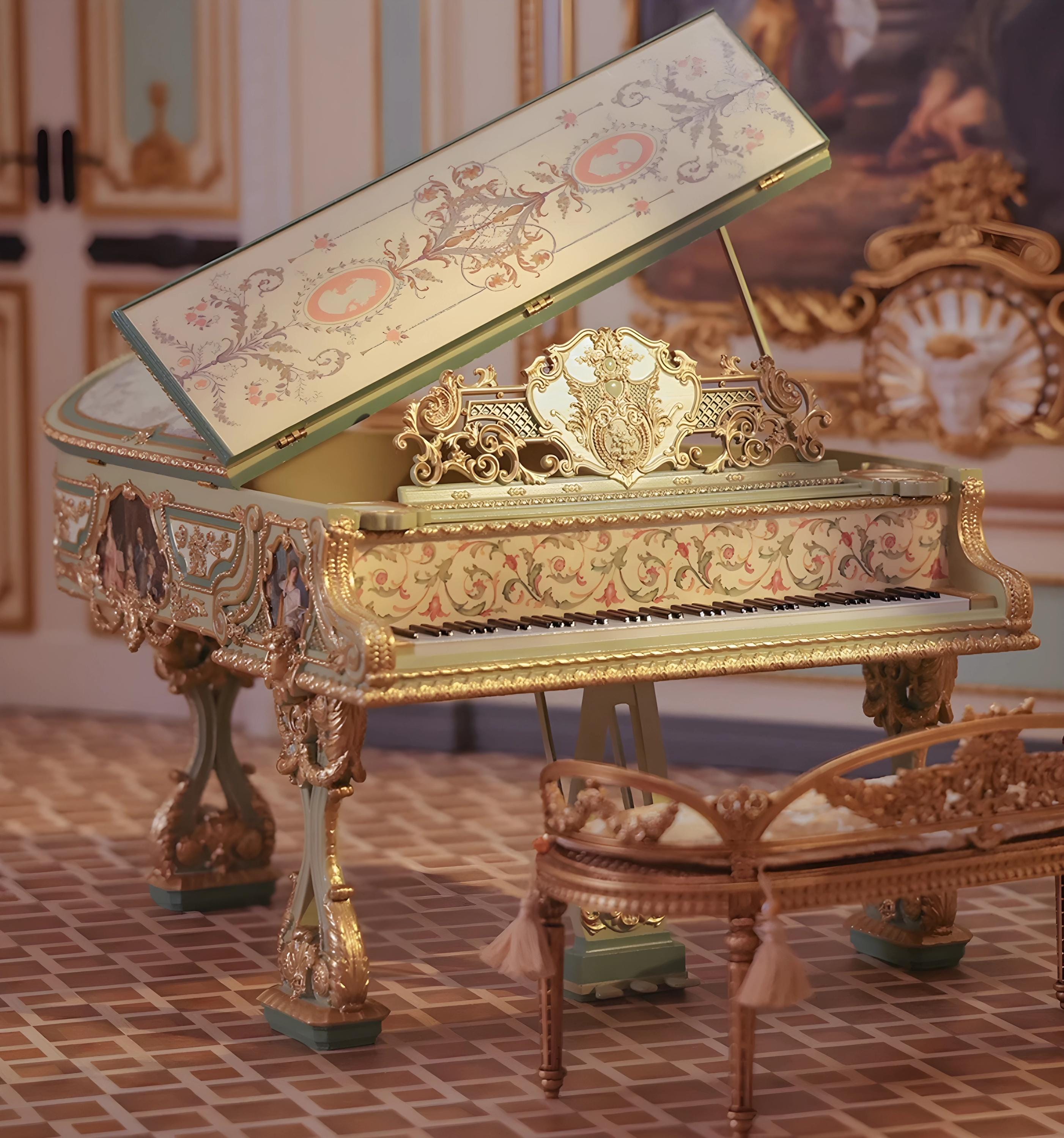 Luxury Miniature Grand Piano – Victorian Rococo Style | Dollhouse Music Room Collectible