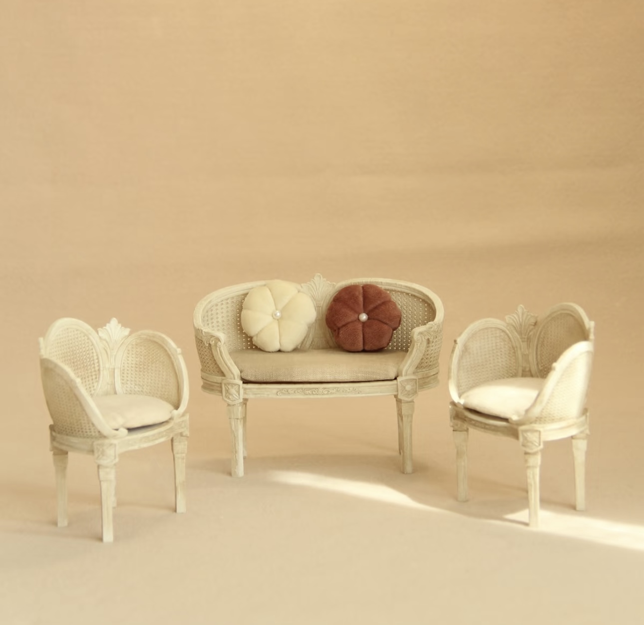 Miniature French Rattan Sofa and Chairs Set | 1:12 Scale Dollhouse Furniture for Blythe, OB11, BJD | Vintage Cane Back Miniature Armchairs