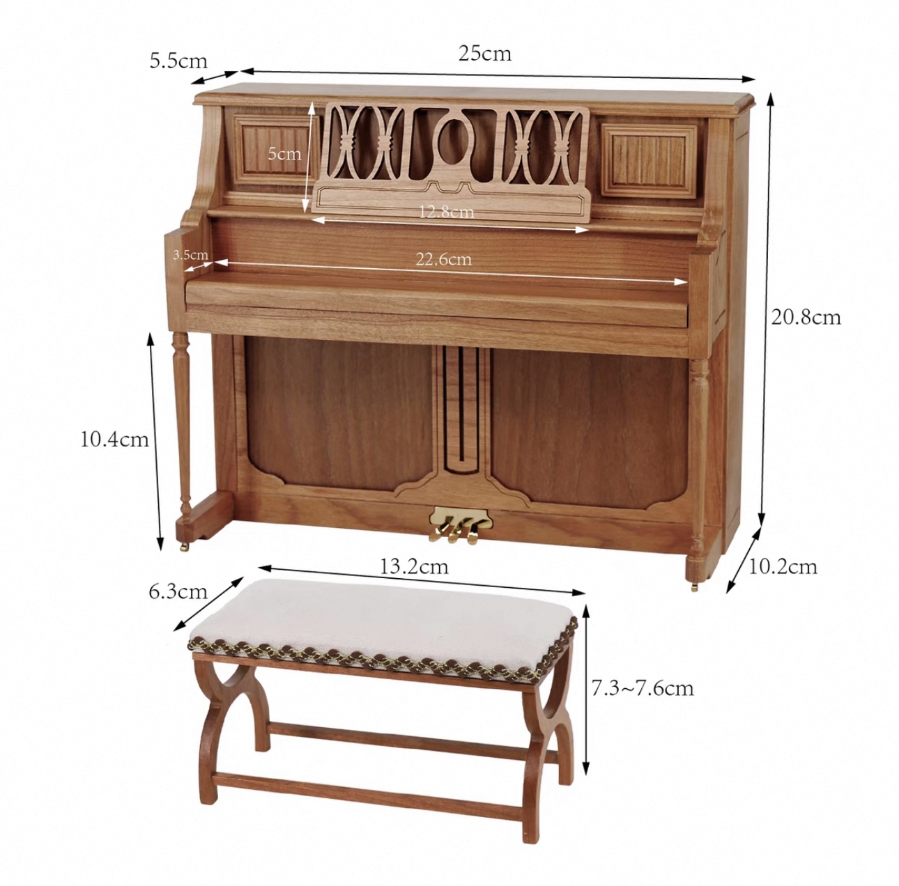 Miniature Upright Piano with Bench | 1:6 Scale Wooden Dollhouse Instrument | Handcrafted Music Room Decor