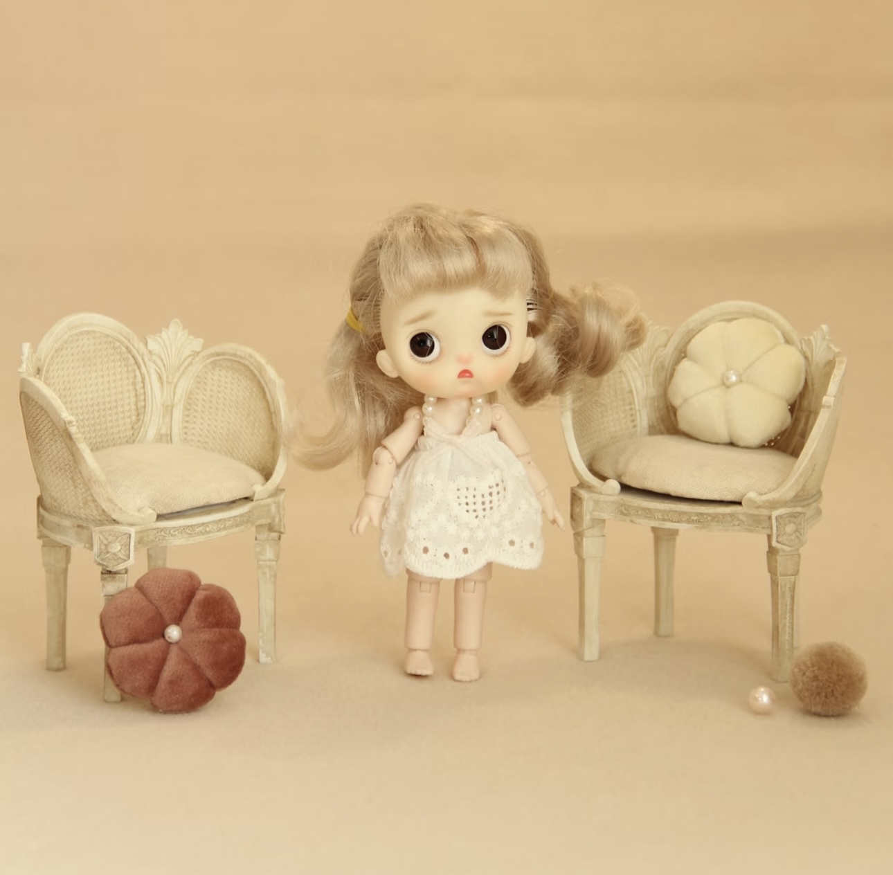 Miniature French Rattan Sofa and Chairs Set | 1:12 Scale Dollhouse Furniture for Blythe, OB11, BJD | Vintage Cane Back Miniature Armchairs
