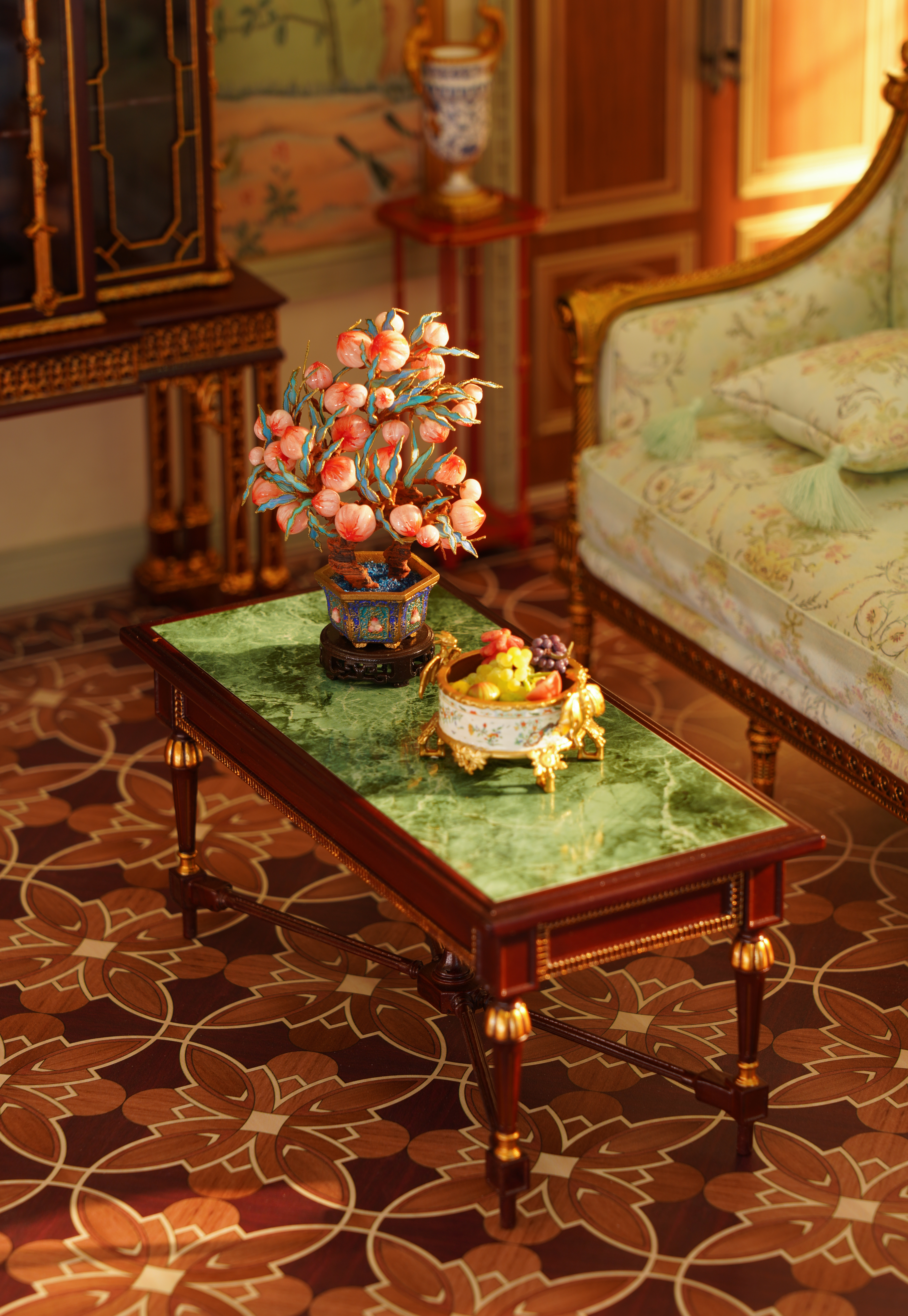 Luxury Chinoiserie Dollhouse Room Box – 1:12 Scale Miniature Parlor Diorama with Furniture, Décor & Lighting – Collector Display