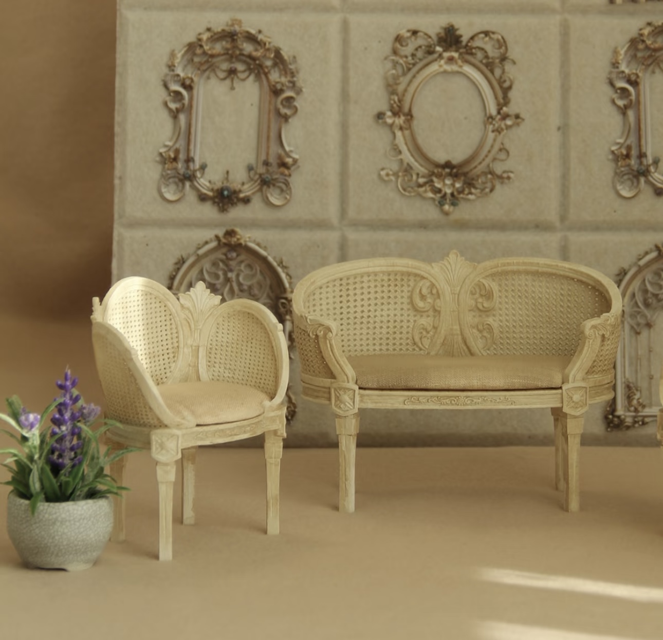 Miniature French Rattan Sofa and Chairs Set | 1:12 Scale Dollhouse Furniture for Blythe, OB11, BJD | Vintage Cane Back Miniature Armchairs