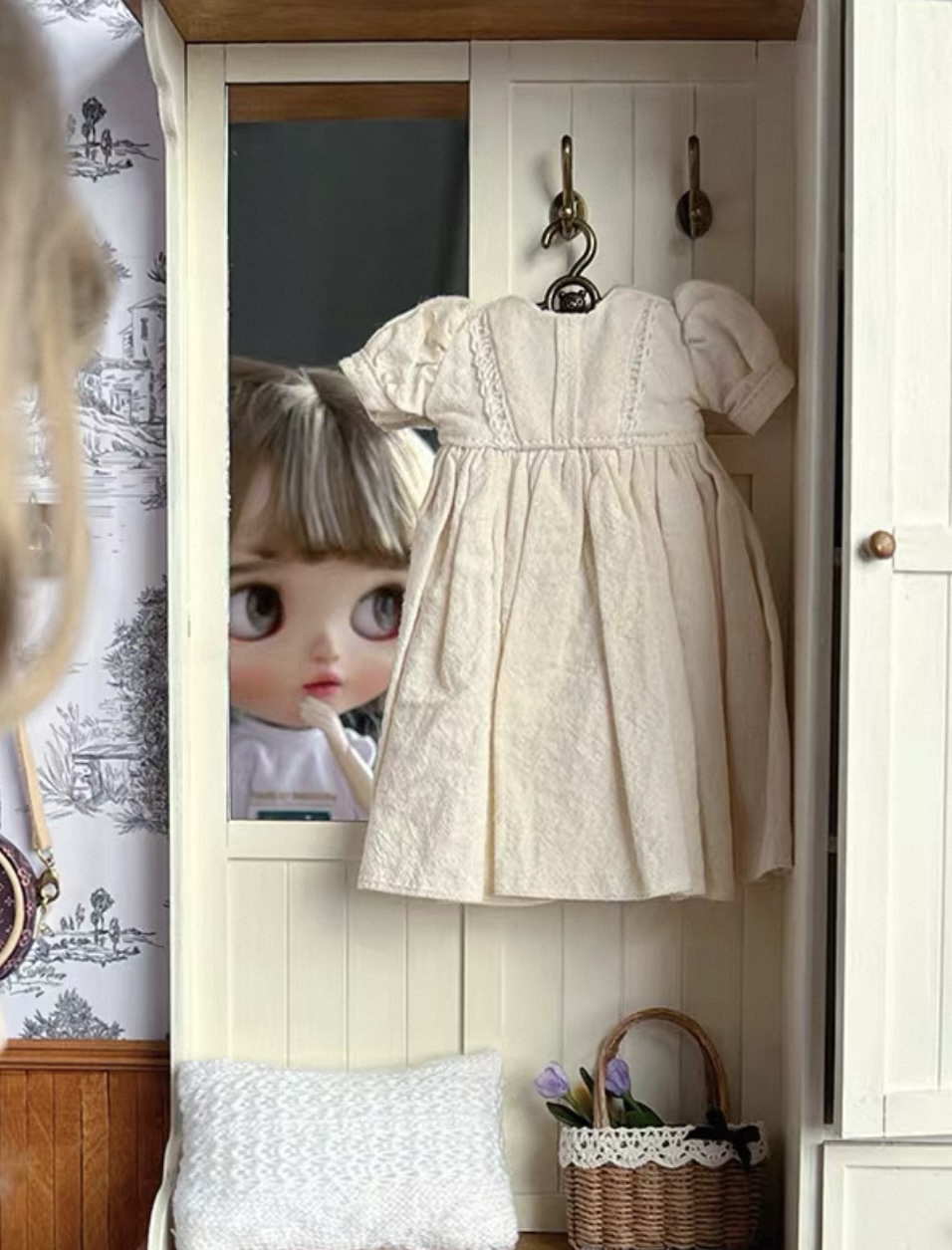 1:6 Scale Vintage Entryway Shoe Cabinet with Mirror & Hooks - Miniature Dollhouse Furniture