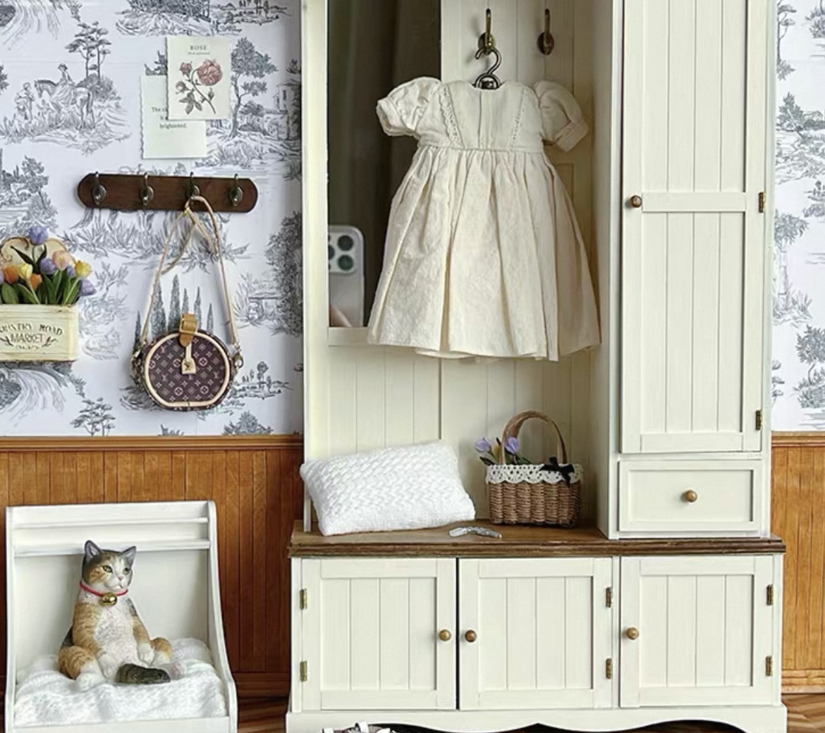 1:6 Scale Vintage Entryway Shoe Cabinet with Mirror & Hooks - Miniature Dollhouse Furniture