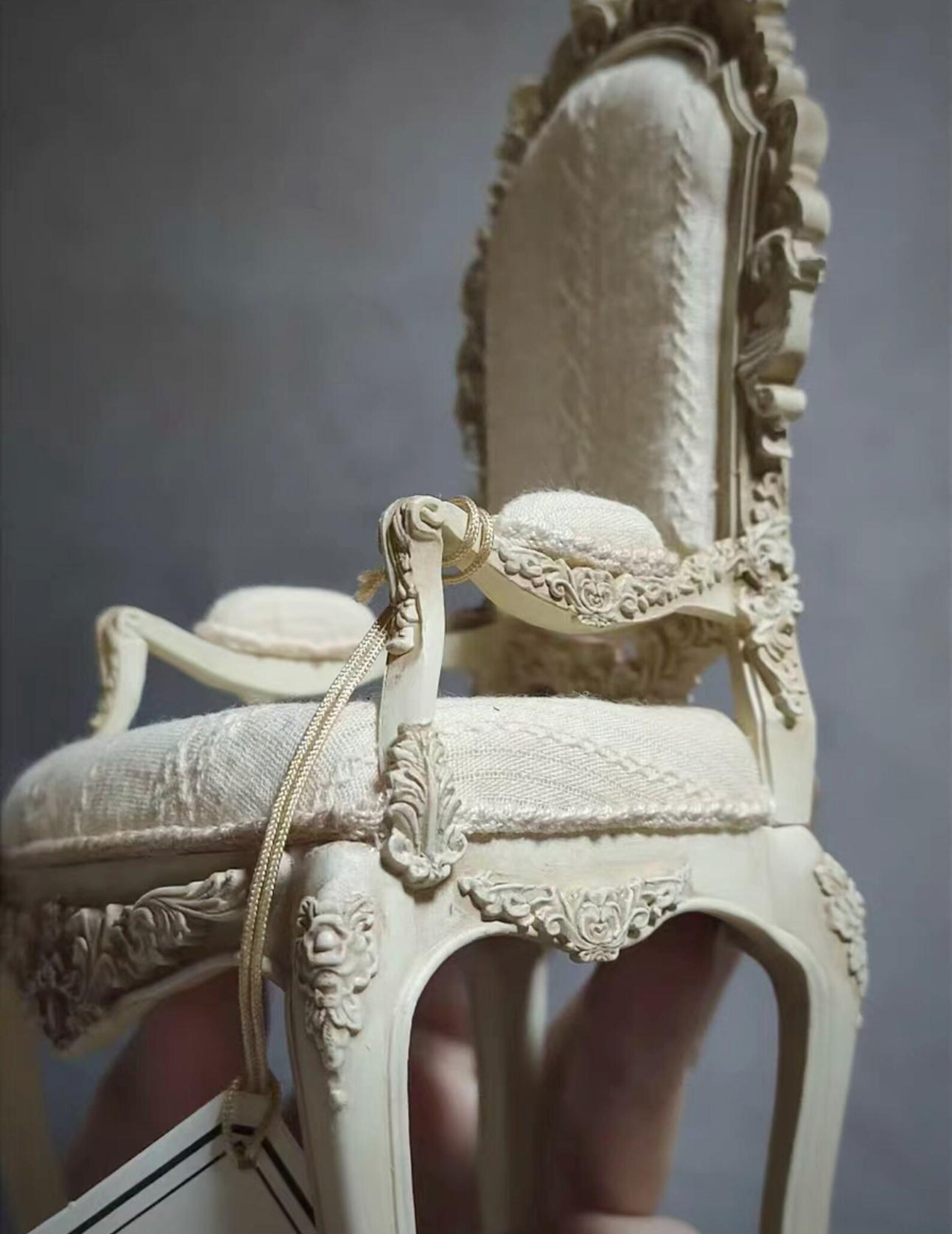 Miniature Rococo Throne Chair: Hand-Carved Dollhouse Furniture