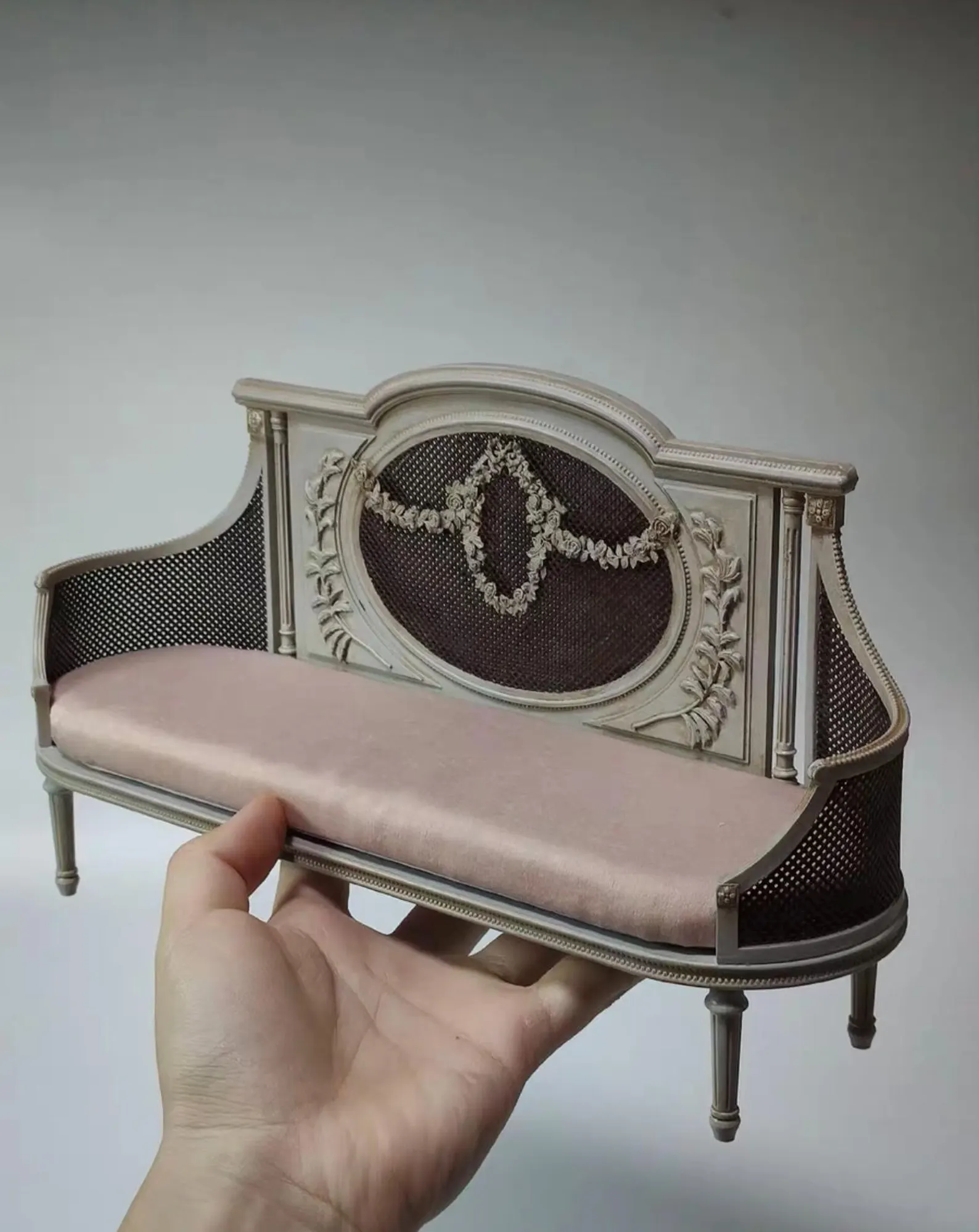 Miniature French Sofa with Garland Back | 1:6 Dollhouse Furniture in Rococo Style | Vintage Cream Settee for Blythe BJD OB11 Display