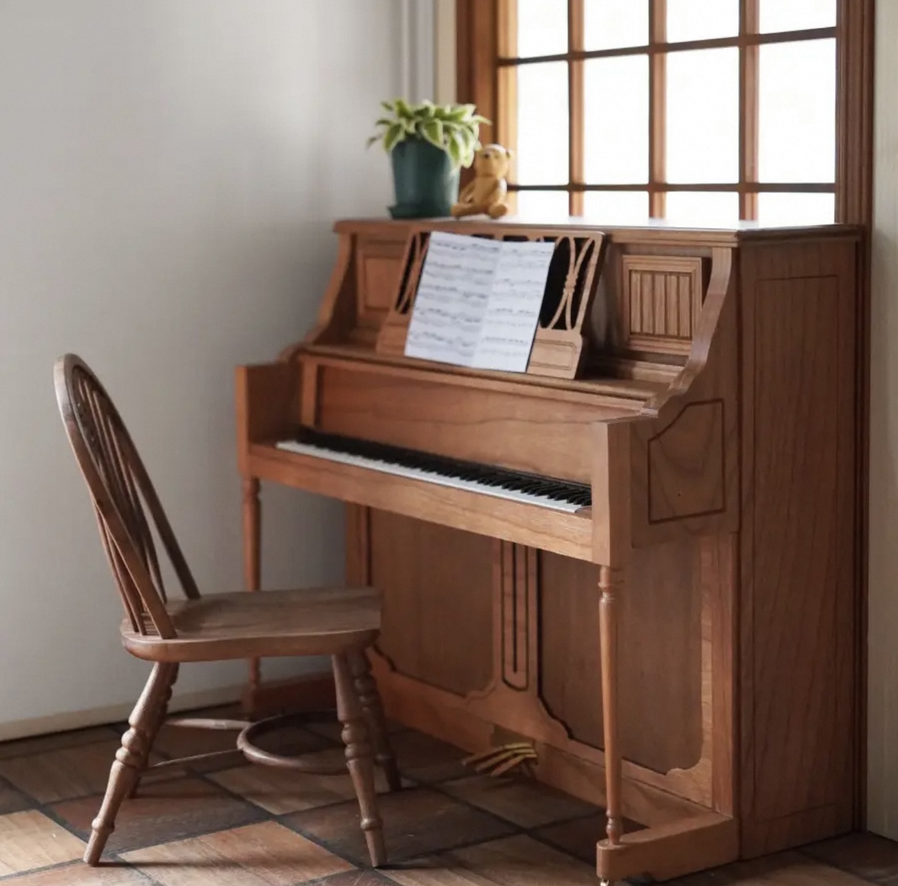 Miniature Upright Piano with Bench | 1:6 Scale Wooden Dollhouse Instrument | Handcrafted Music Room Decor