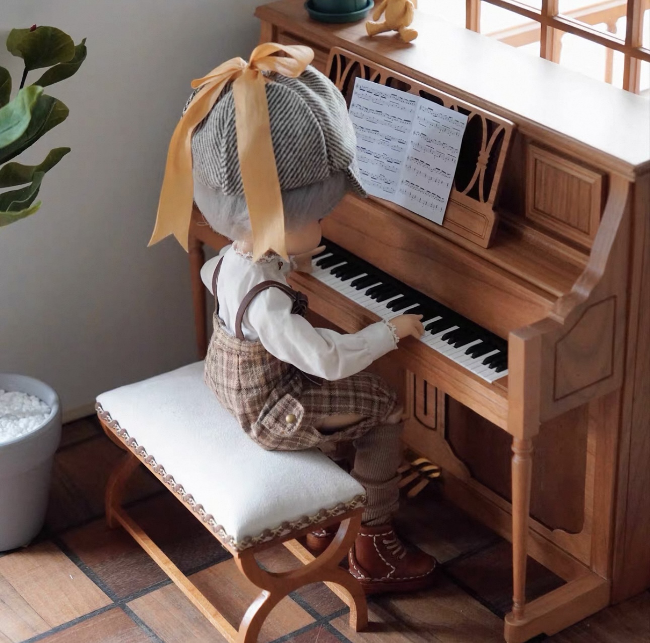 Miniature Upright Piano with Bench | 1:6 Scale Wooden Dollhouse Instrument | Handcrafted Music Room Decor