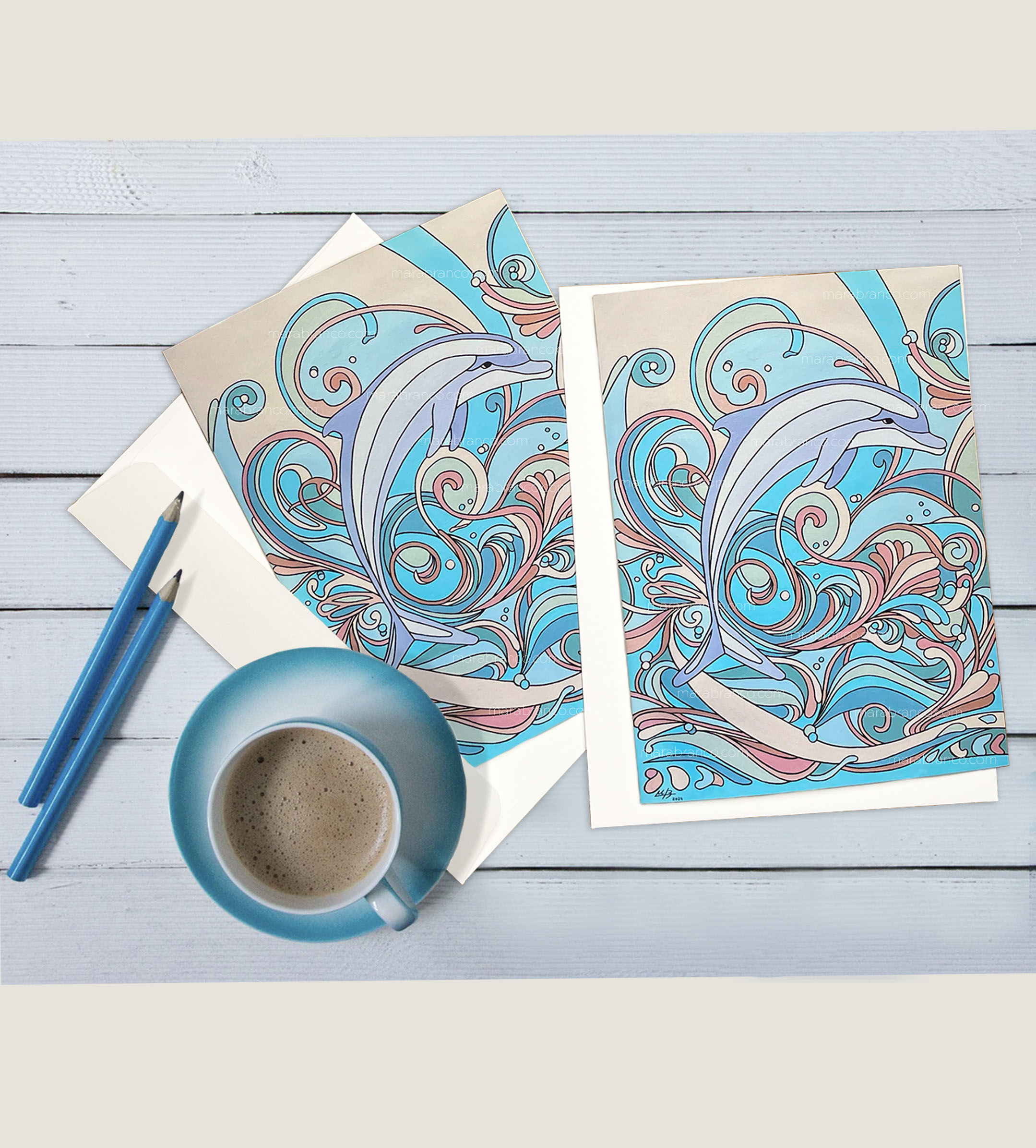 "Art Nouveau Dolphin" card set