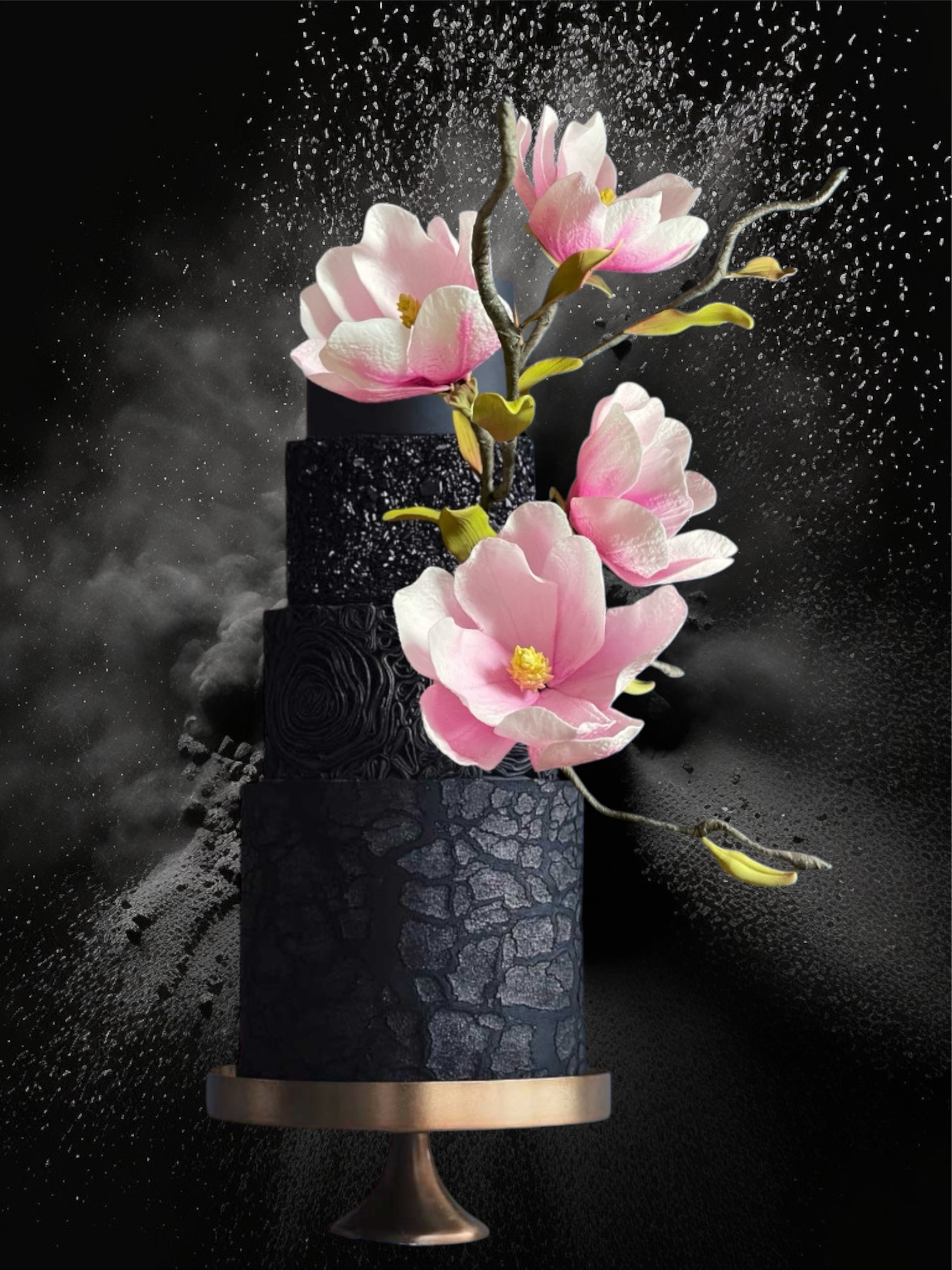 Elegant Black Cake with Magnolia Decoration