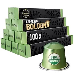 Bologna Organic Italian Espresso | Pack of 10 - 100 Aluminum Capsules | 100% Arabica | Nespresso Compatible | Eco-Friendly & Fairtrade Coffee