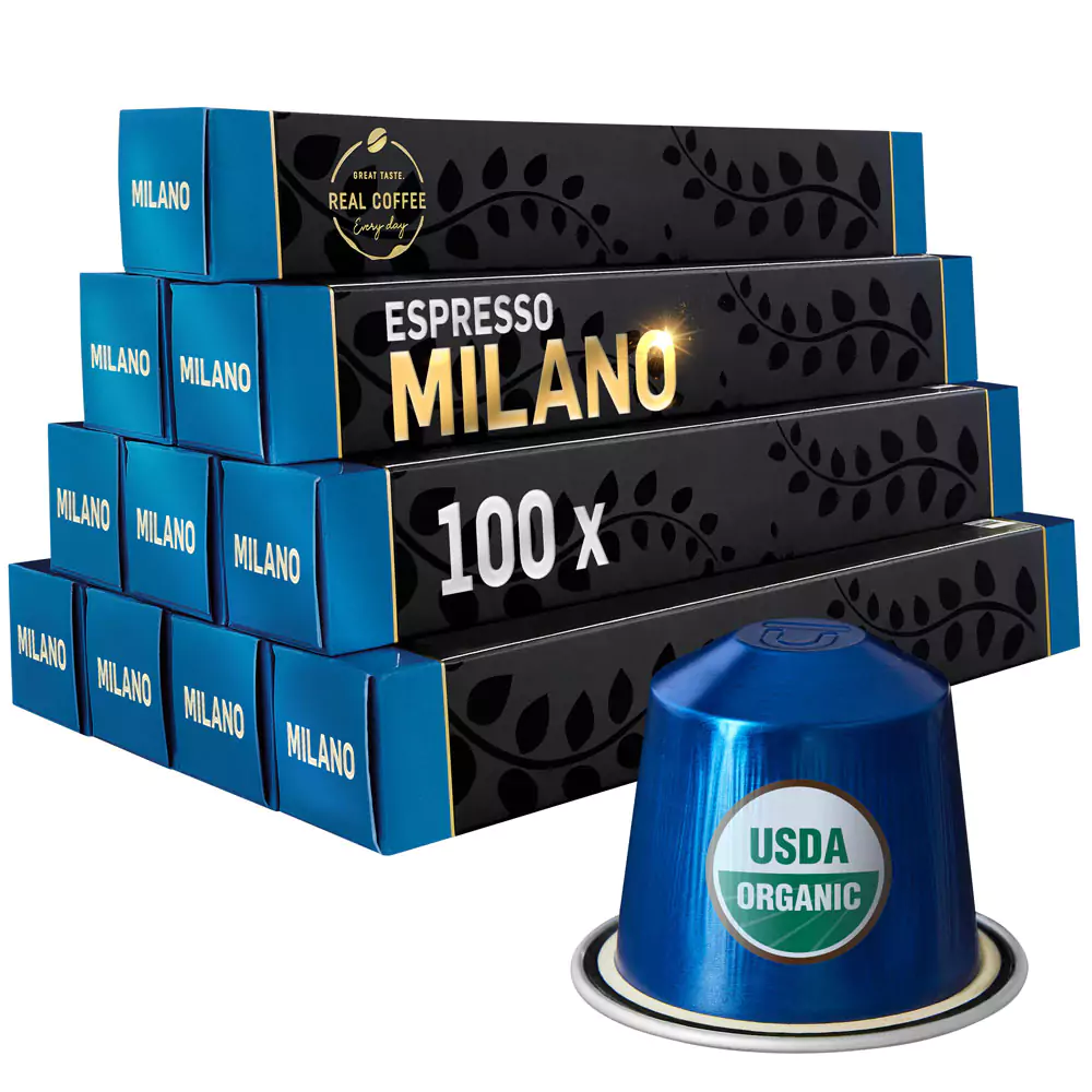 Milano Organic Italian Espresso | Pack of 10 - 100 Aluminum Capsules | 100% Arabica | The Strongest Organic Espresso in the World! | Nespresso Compatible | Eco-Friendly & Fairtrade Coffee