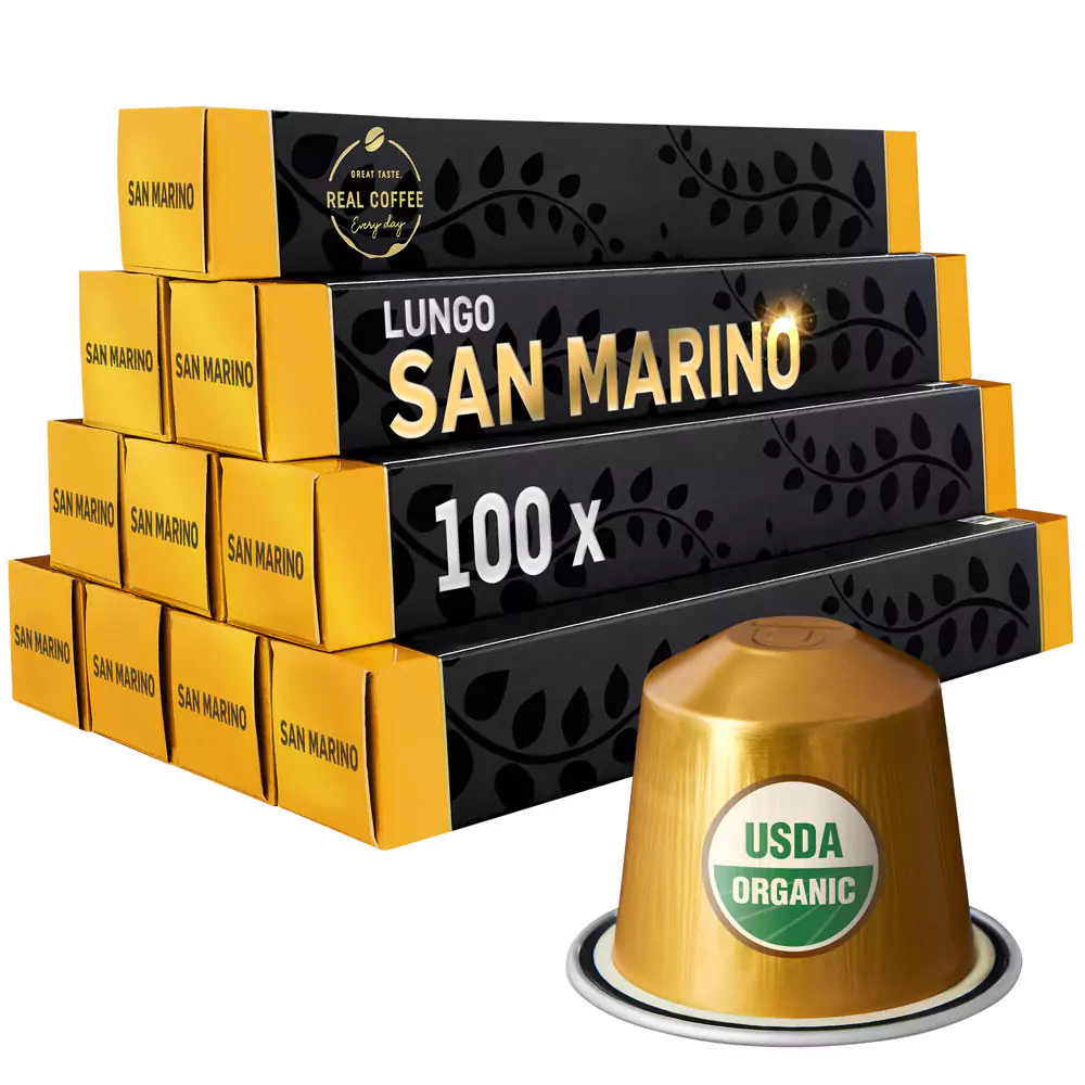 ‘San Marino’ Organic Italian Lungo | Pack of 10 - 100 Aluminum Capsules | 100% Arabica | Medium Roast | Nespresso Compatible | Eco-Friendly & Fairtrade Coffee