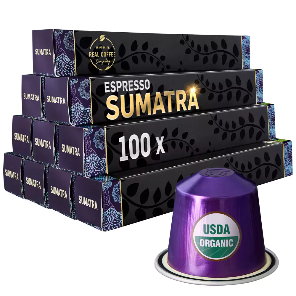‘Sumatra’ Organic Italian Espresso | Pack of 10 - 100 Aluminum Capsules | 100% Arabica | Single-Origin Dark Roast | Nespresso Compatible | Eco-Friendly & Fairtrade