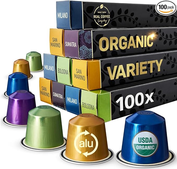 Organic Espresso Variety Pack for Nespresso | 100 Organic Aluminum Capsules | 3 Milano Espressos + 2 San Morino Lungo + 3 Bolonga + 2  Sumatra| 100% Nespresso Compatible Pods | Fairtrade |