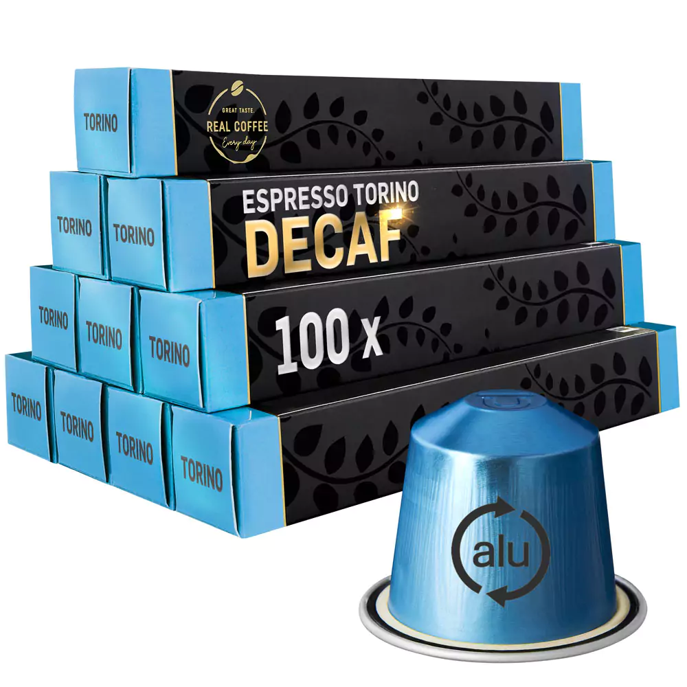 ‘Torino’ Decaf Italian Espresso | Pack of 10 - 100 Aluminum Capsules | 100% Arabica | Bold Italian Flavor with No Buzz | Nespresso Compatible | Eco-Friendly & Fairtrade Coffee