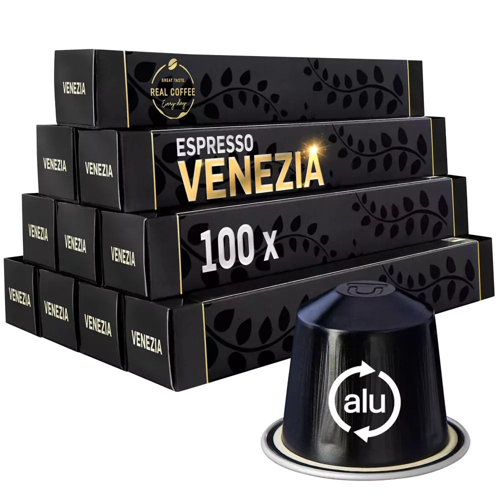 Venezia Espresso Coffee Capsules | Pack of 10 - 100 Aluminum Capsules | 80% Arabica 20% Robusta | Nespresso Compatible | Eco-Friendly & Fairtrade Coffee