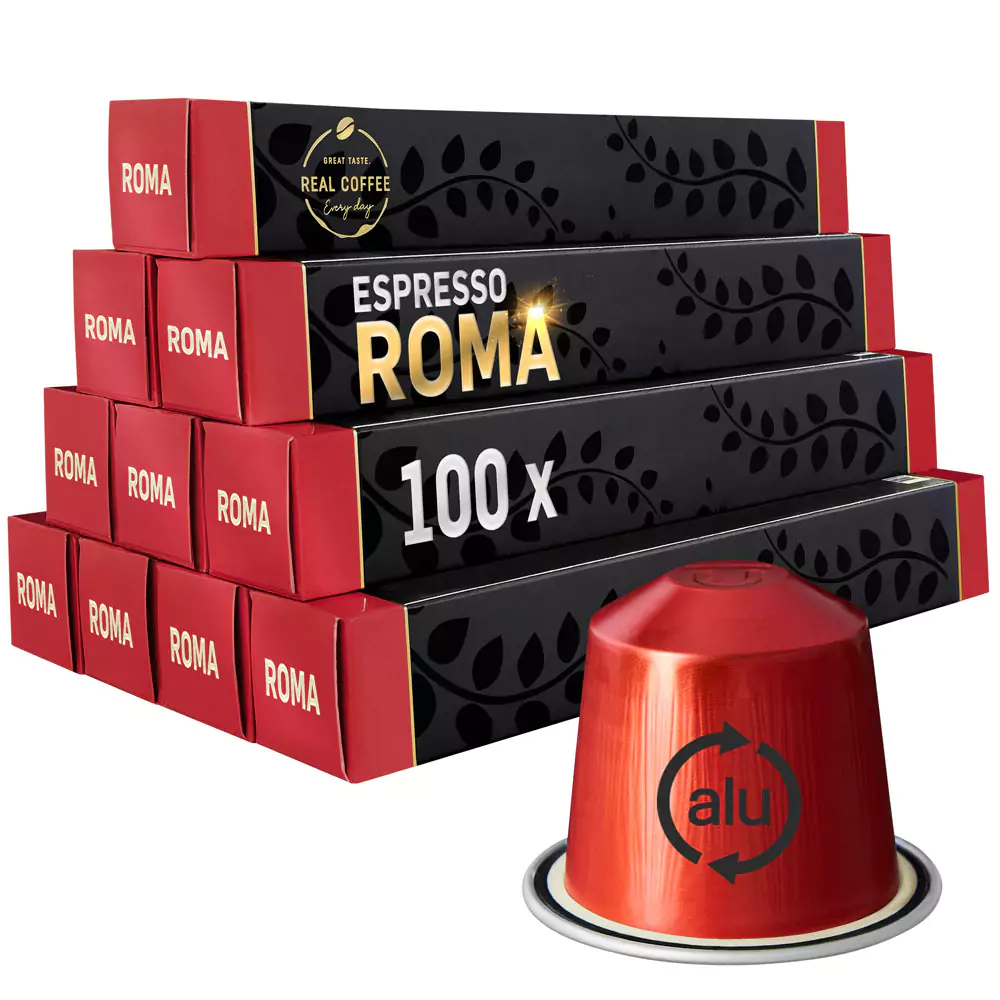 Roma Strong Italian Espresso | Pack of 10 - 100 Aluminum Capsules | 30% Arabica – 70% Robusta | Extra Dark and Intense Italian Flavor | Nespresso Compatible | Eco-Friendly & Fairtrade Coffee