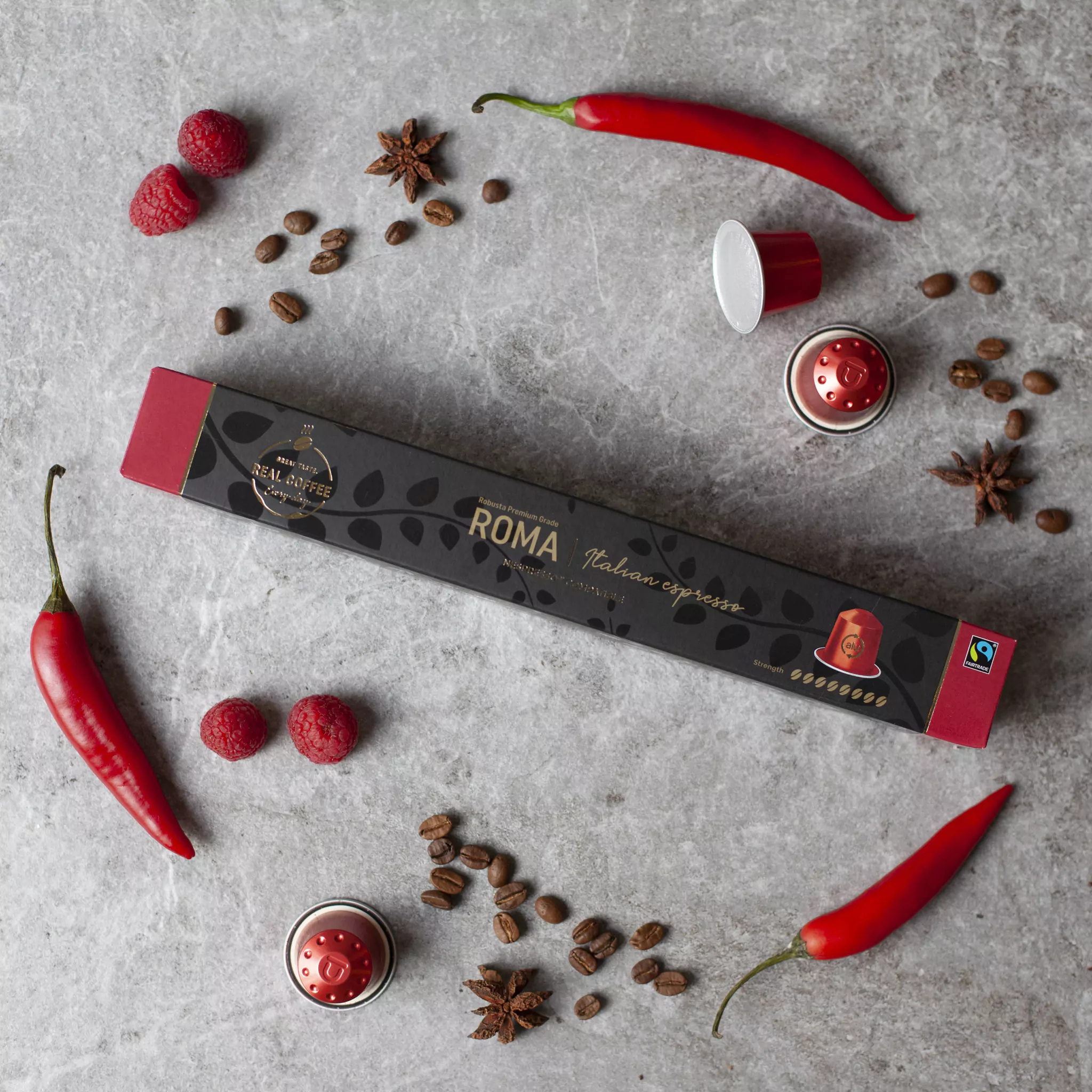 Roma Strong Italian Espresso | Pack of 10 - 100 Aluminum Capsules | 30% Arabica – 70% Robusta | Extra Dark and Intense Italian Flavor | Nespresso Compatible | Eco-Friendly & Fairtrade Coffee