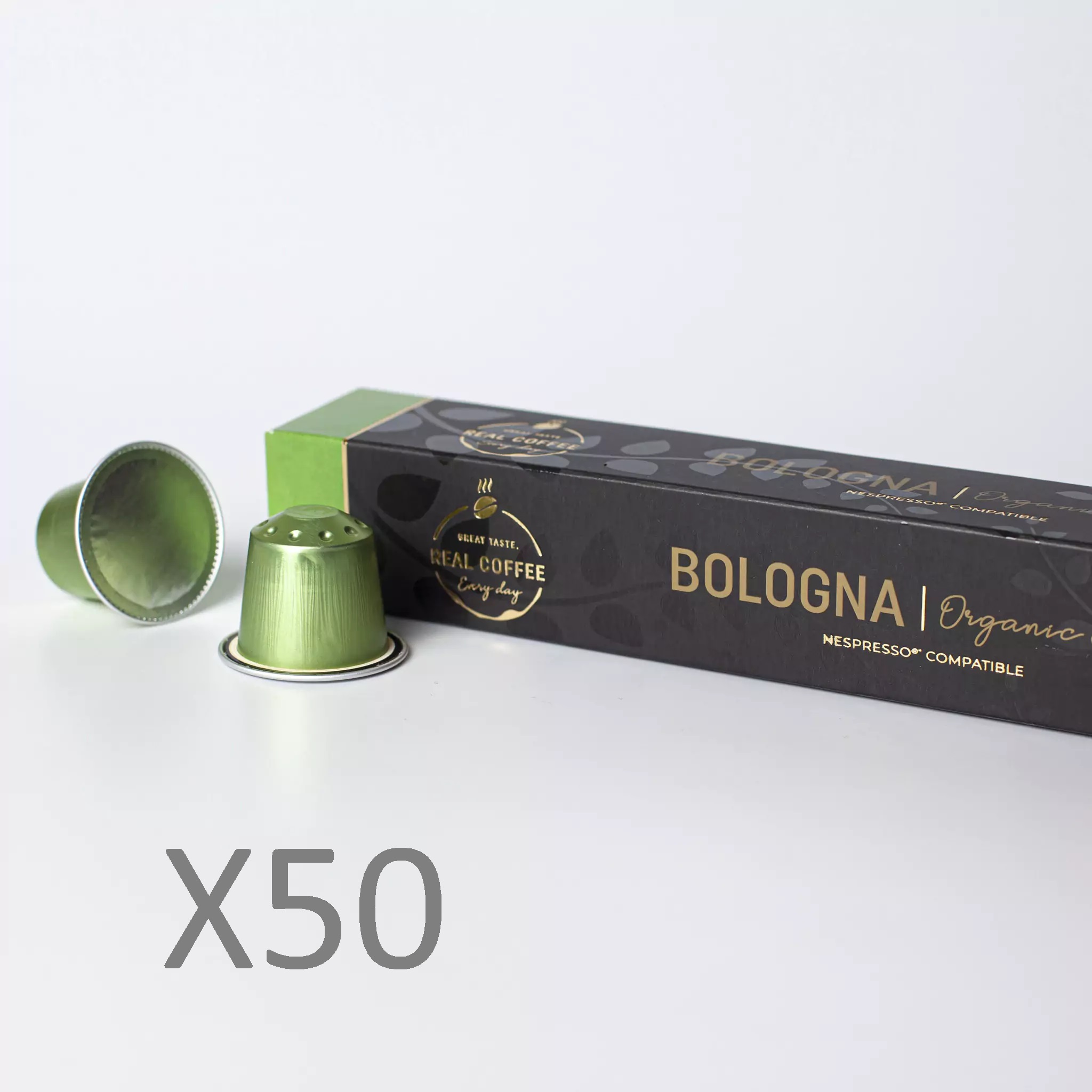 Bologna Organic Italian Espresso | Pack of 5 - 50 Aluminum Capsules| 100% Arabica | Nespresso Compatible | Eco-Friendly & Fairtrade Coffee