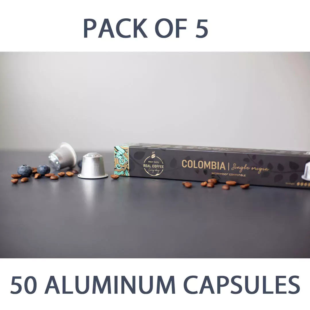 Colombia Lungo Single Source | Pack of 5 - 50 Aluminum Capsules | 100% Arabic | Nespresso Compatible | Eco-Friendly & Fairtrade Coffee