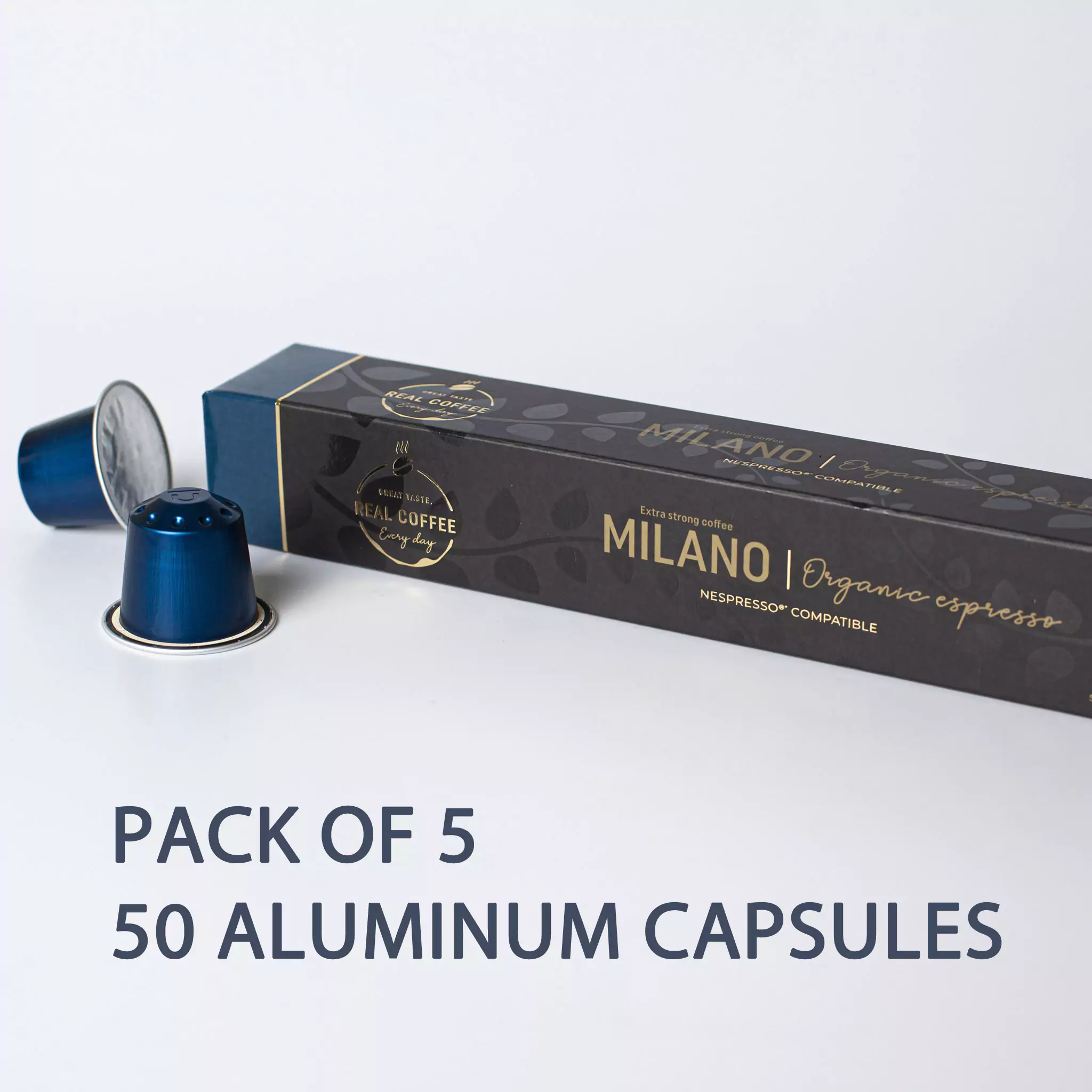 Milano Organic Italian Espresso | Pack of 5 - 50 Aluminum Capsules | 100% Arabica | The Strongest Organic Espresso in the World! | Nespresso Compatible | Eco-Friendly & Fairtrade Coffee